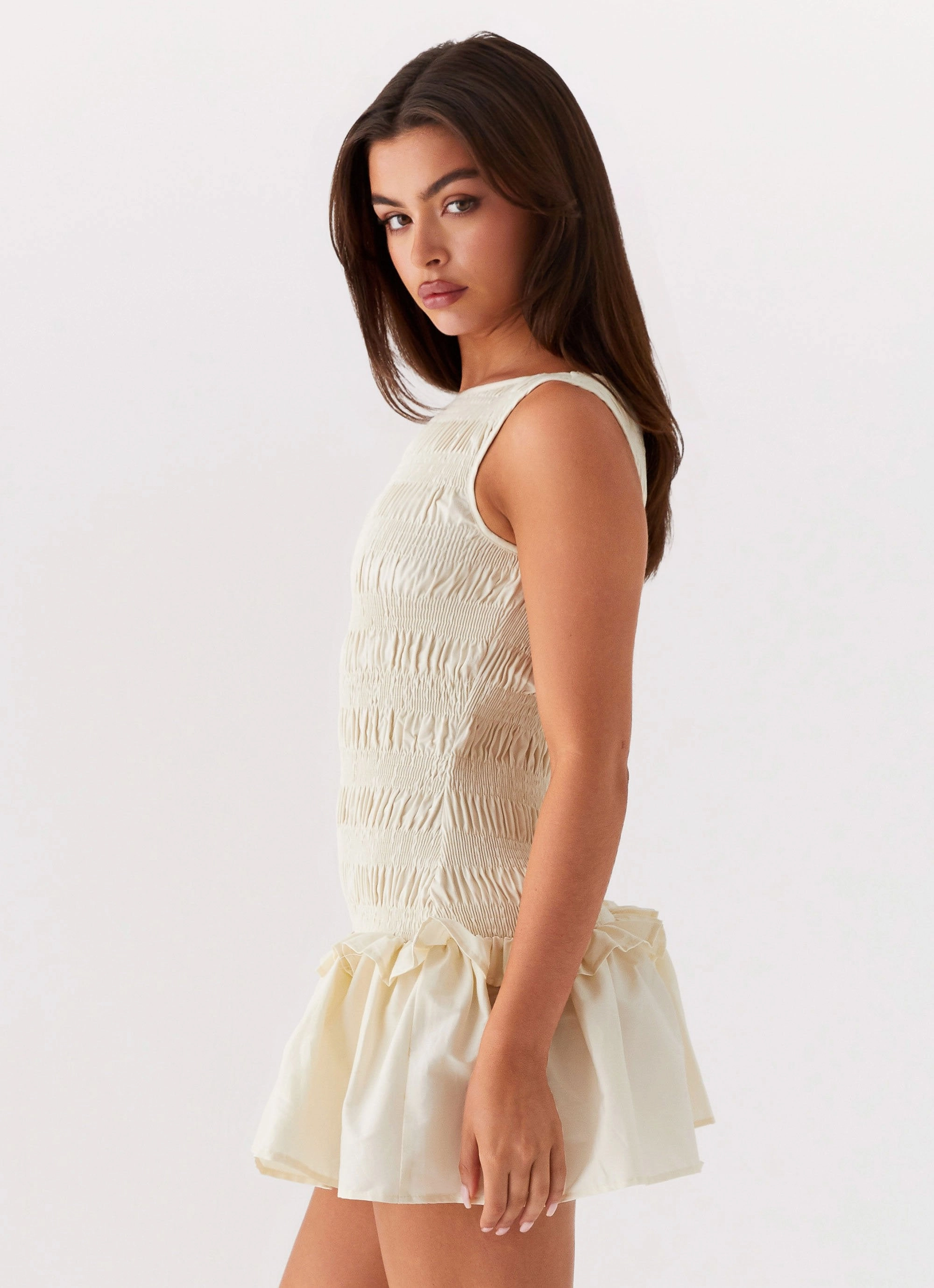 Garden Kisses Shirred Mini Dress - Ivory Stylish party wear Day Chic