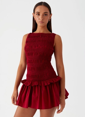 Garden Kisses Shirred Mini Dress - Maroon Sheer-Overlay