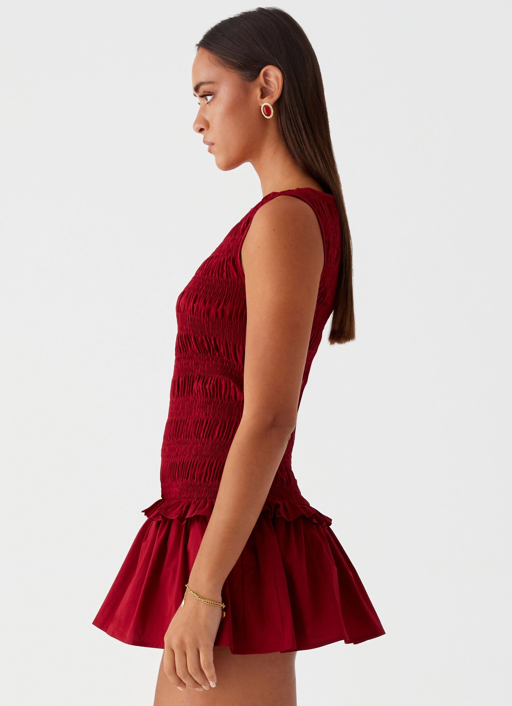 Garden Kisses Shirred Mini Dress - Maroon Everyday-Comfort