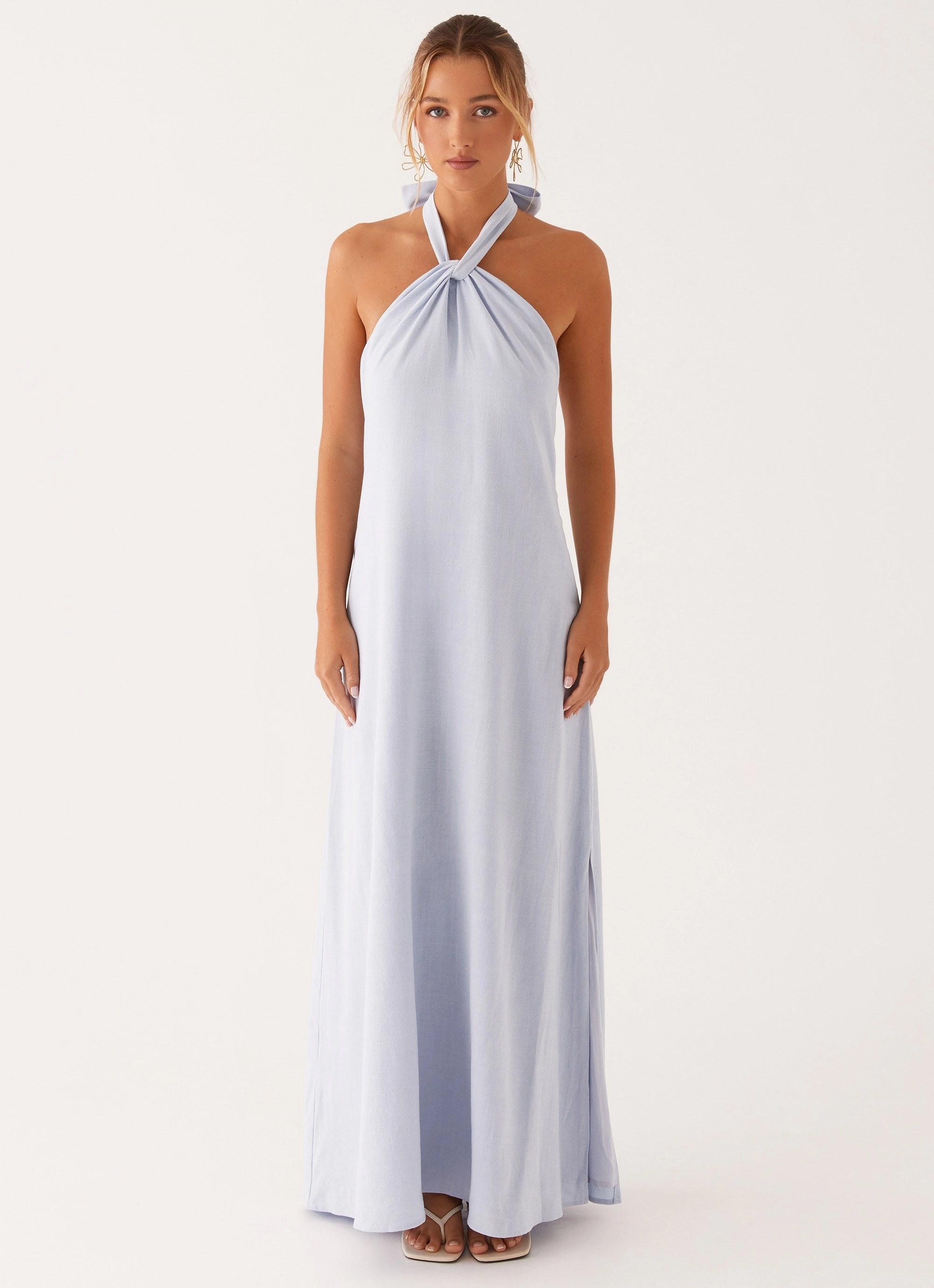 Charming Fit Ruched-Detail Golden Child Linen Maxi Dress - Blue
