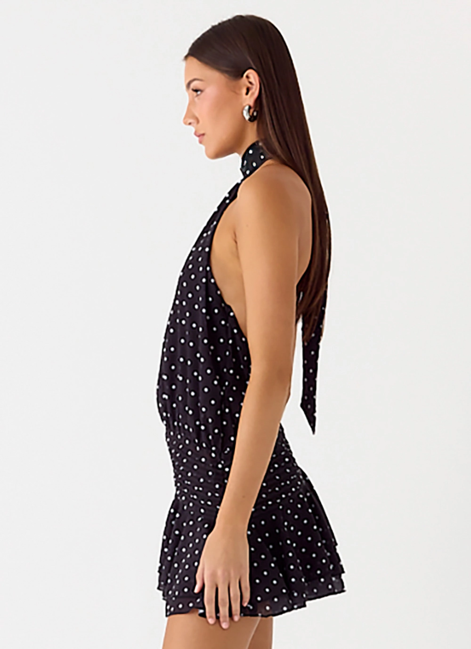 Willow Chiffon Mini Dress - Black Polkadot Summer Mood Statement Neck