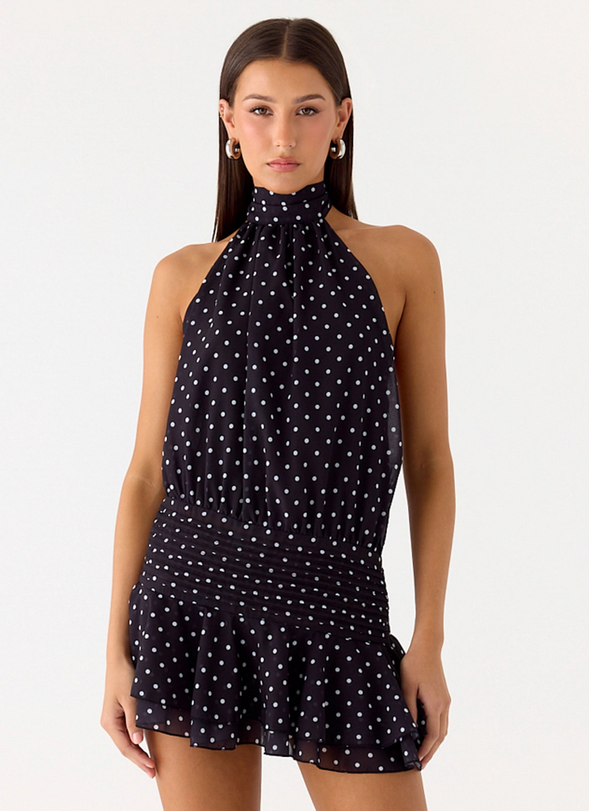 Willow Chiffon Mini Dress - Black Polkadot Elegant Motion Natural Layers