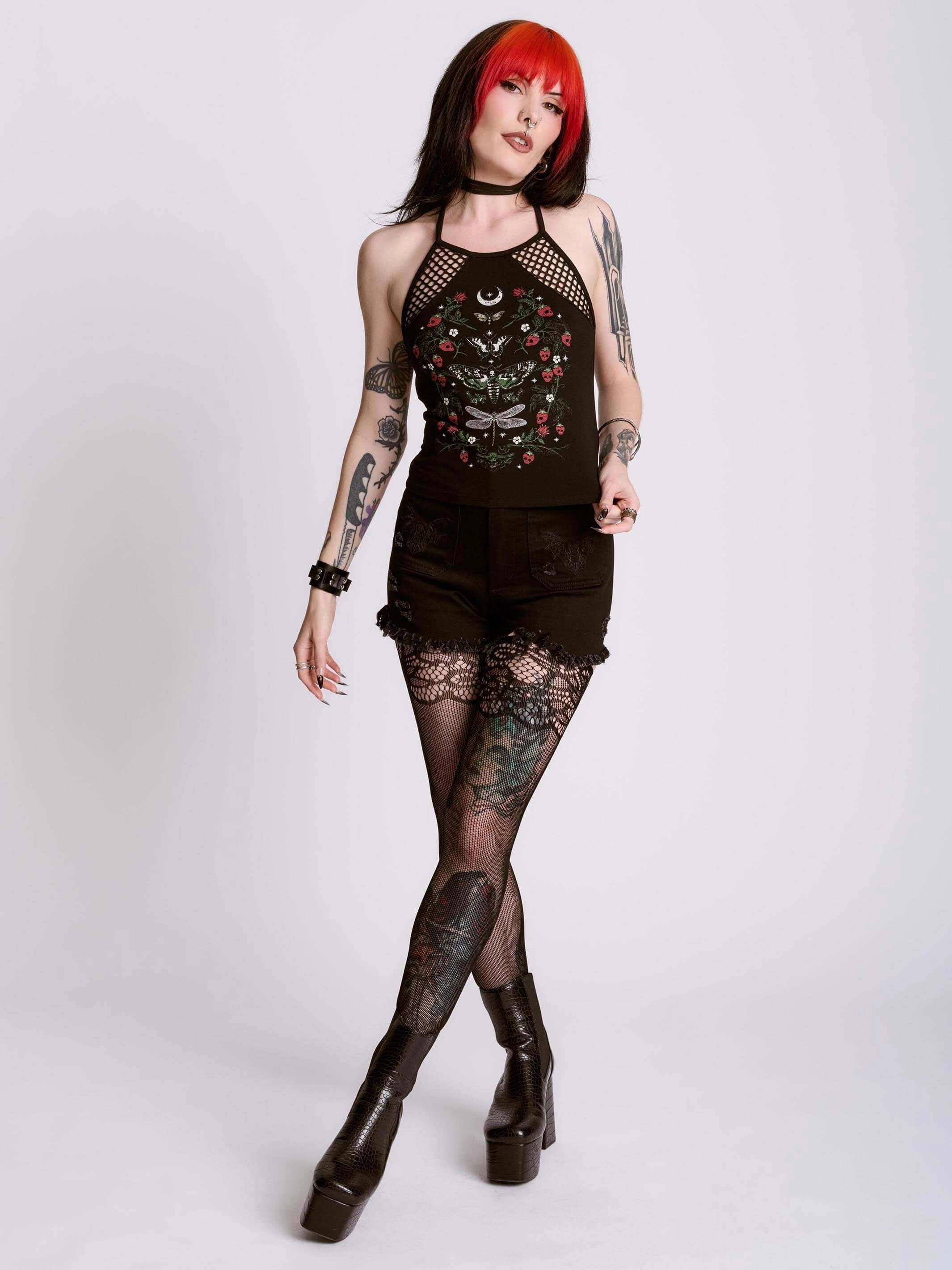 Construction - ready Strawberry Skull Fishnet Halter