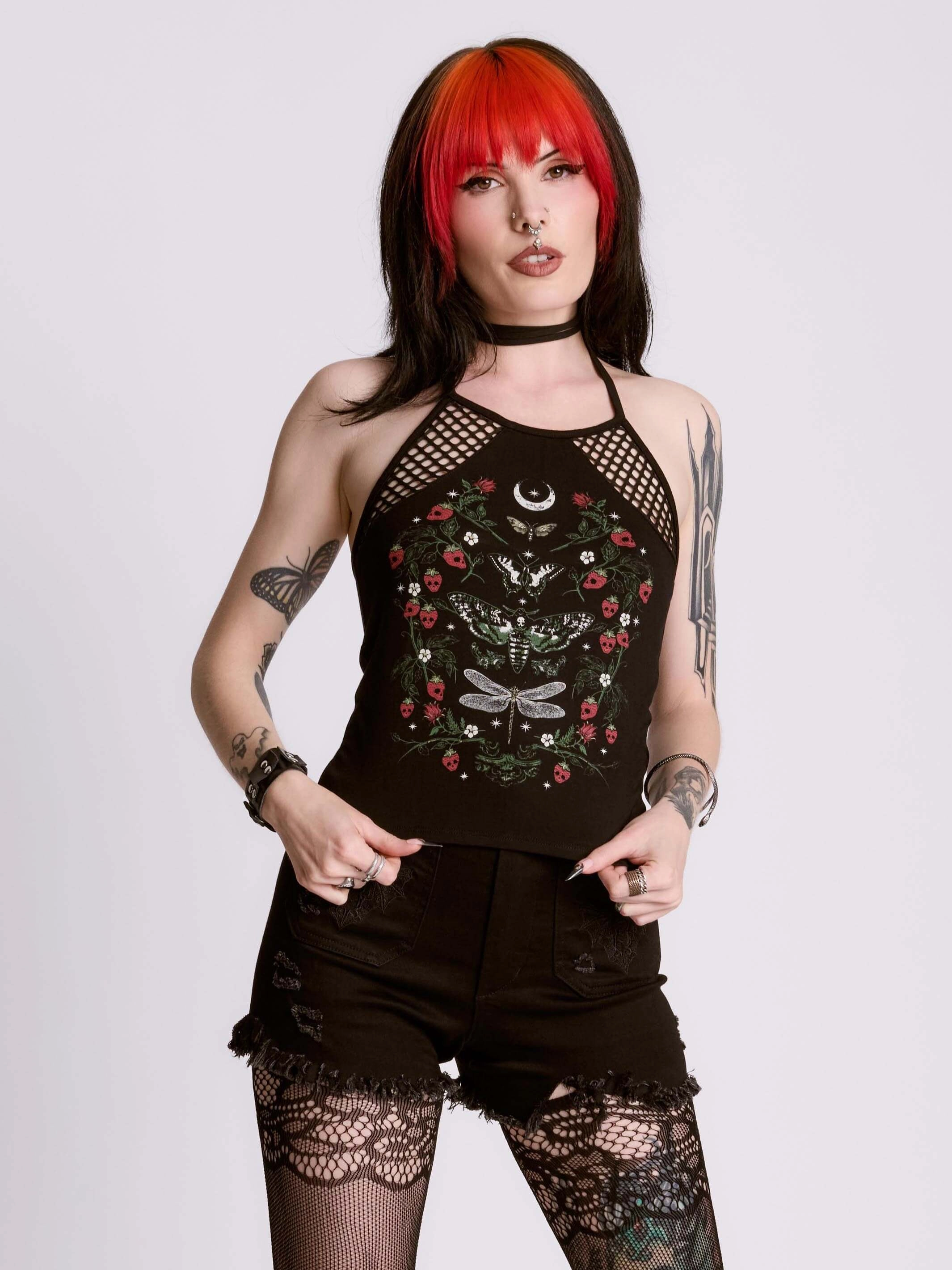 Strawberry Skull Fishnet Halter Quick Release Zipper modular