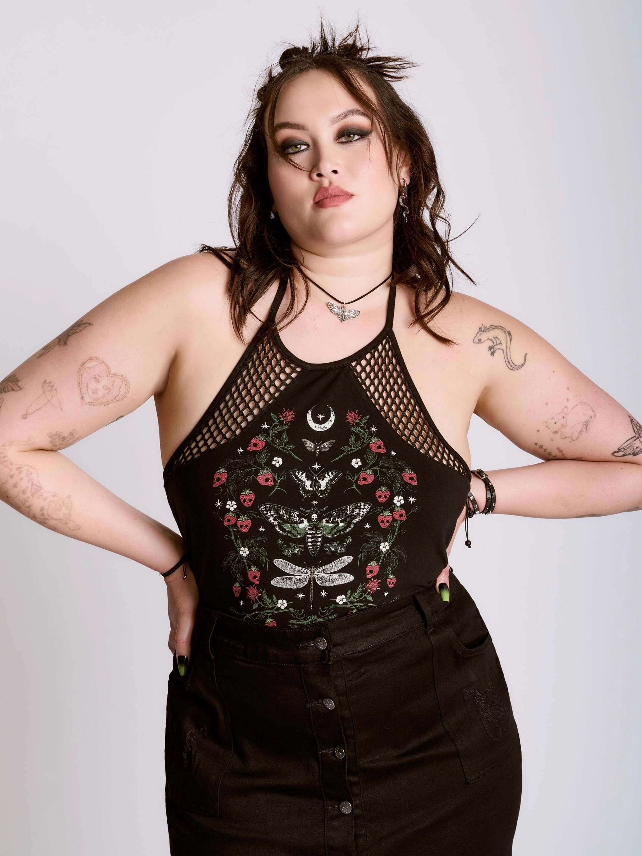 Non Chafing Flatlock Seams Strawberry Skull Fishnet Halter