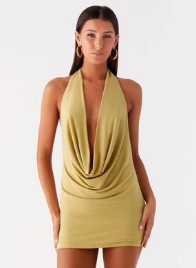 Edgy Look Light Sheen Haisley Cowl Mini Dress - Lime Green