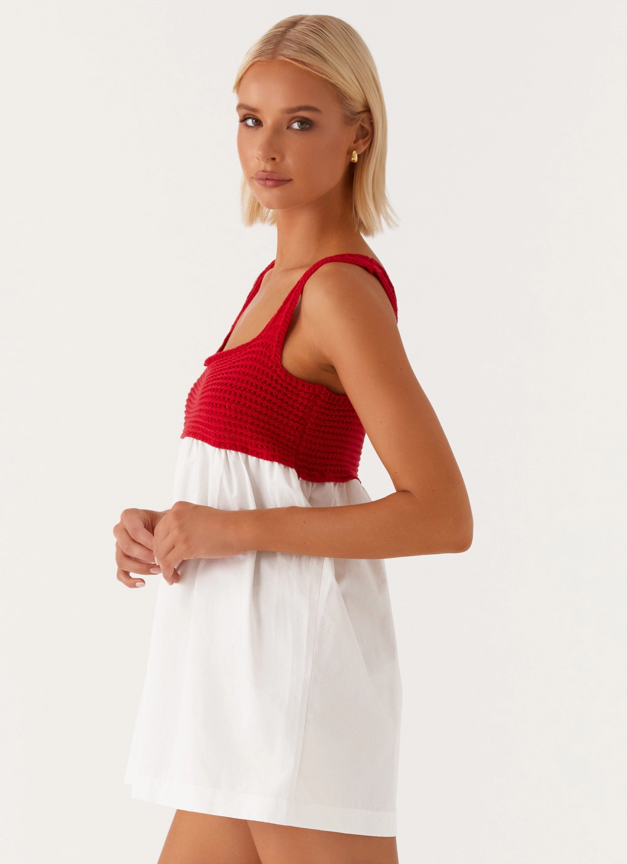 Halona Crochet Babydoll Mini Dress - Red Perfectly Crafted