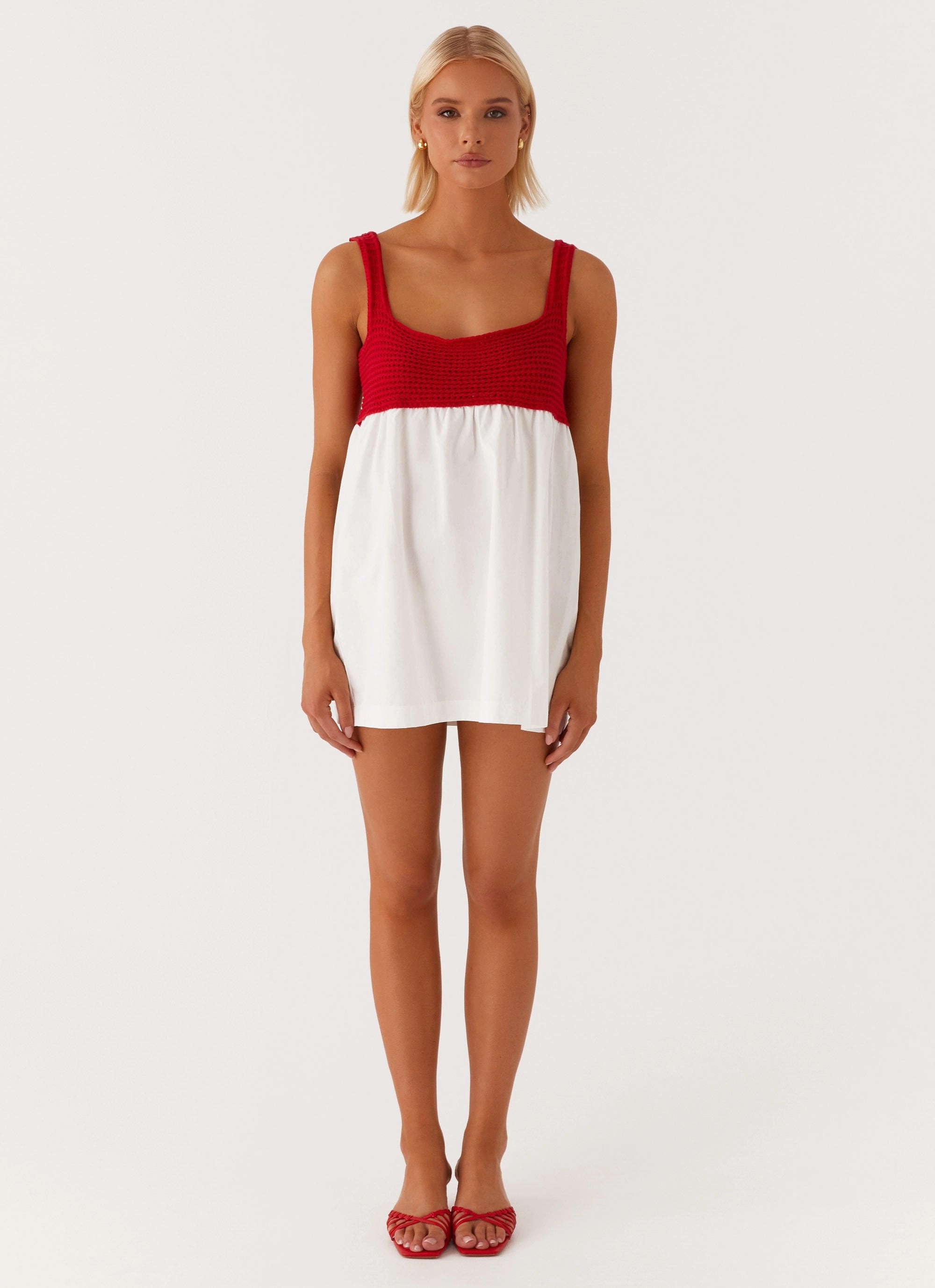 Subtle Lines Halona Crochet Babydoll Mini Dress - Red