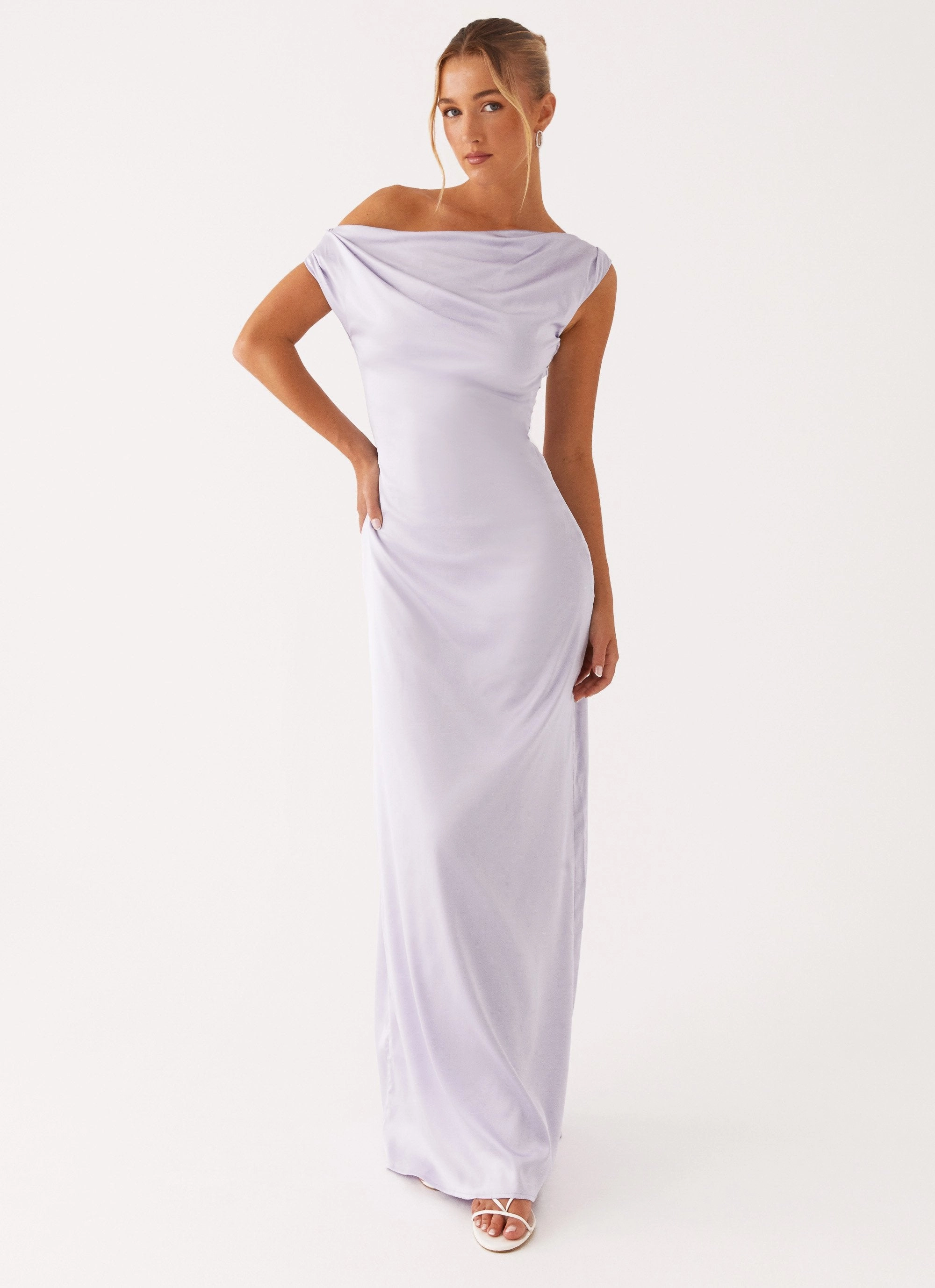 Draped Fabric Asymmetrical hem Heart Of Glass Satin Maxi Dress - Lilac