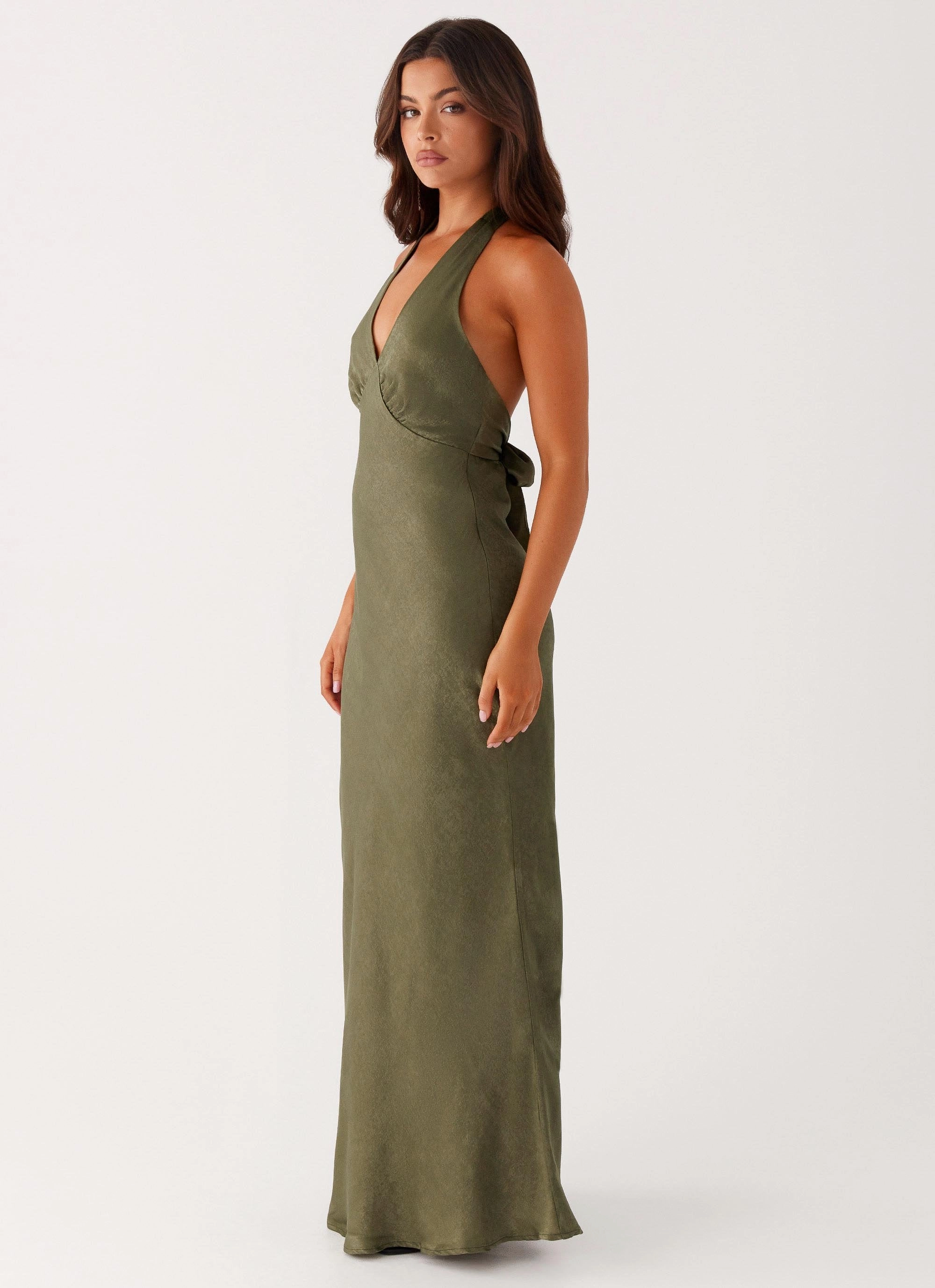 Natural Light Heavy Hearted Satin Maxi Dress - Khaki