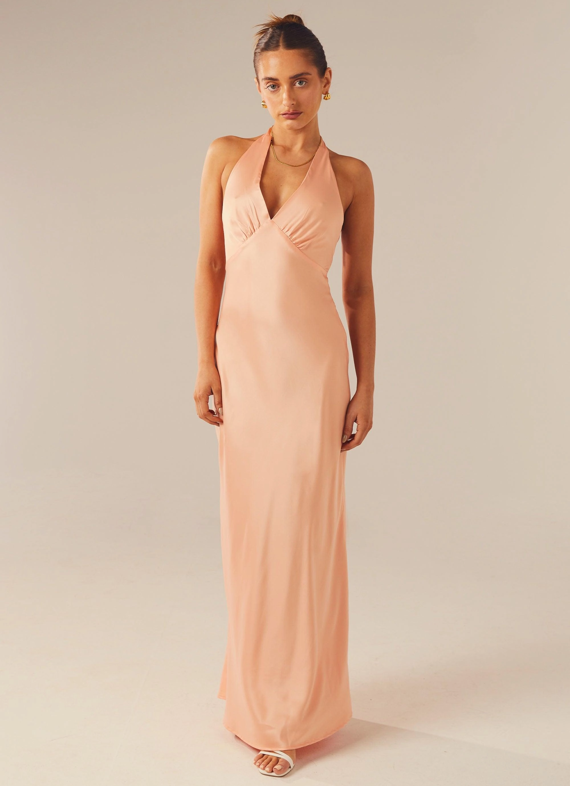Heavy Hearted Satin Maxi Dress - Peach Picture Perfect