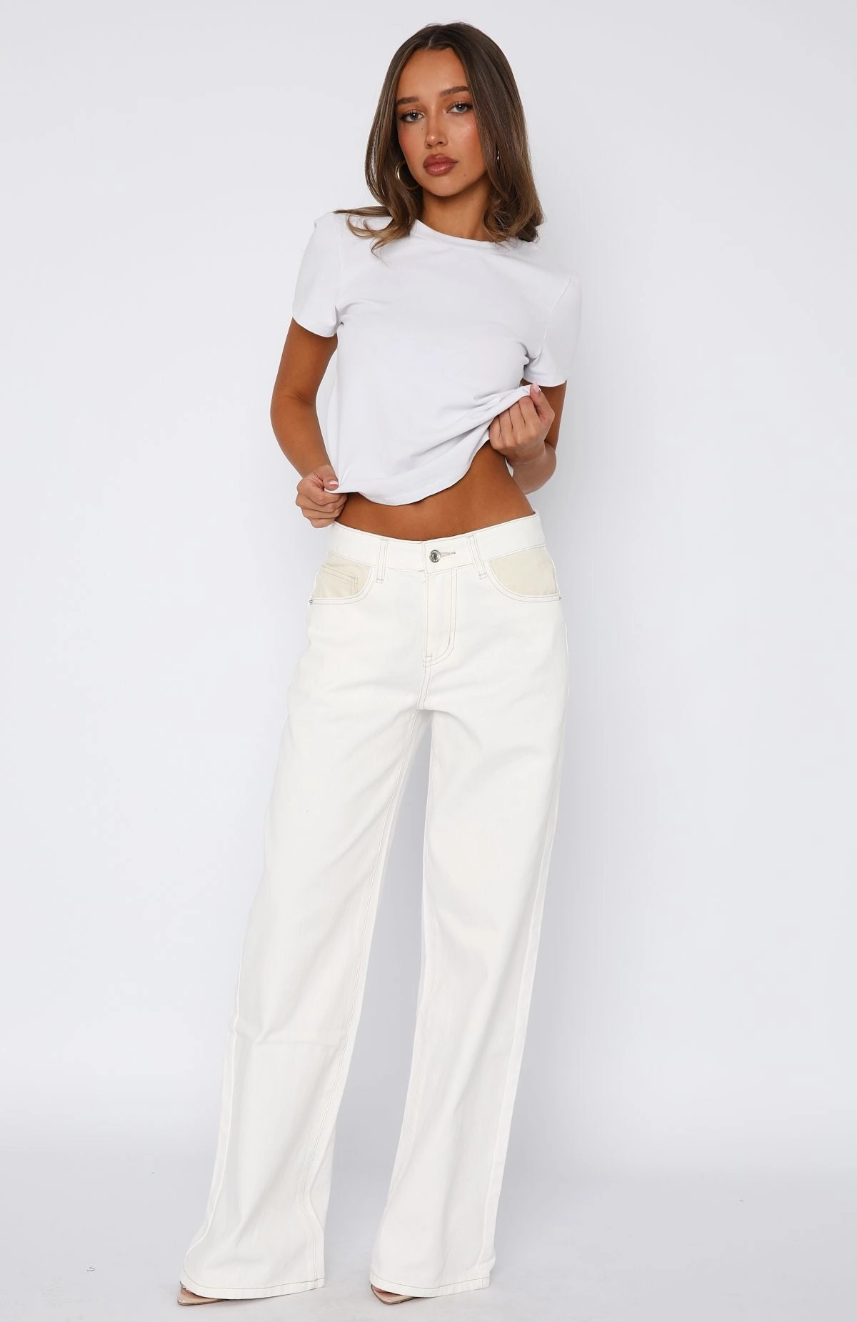 Sleek Look Spring Mood Brunch Outfit Formal Amira Mid Rise Wide Leg Jeans White/Cream