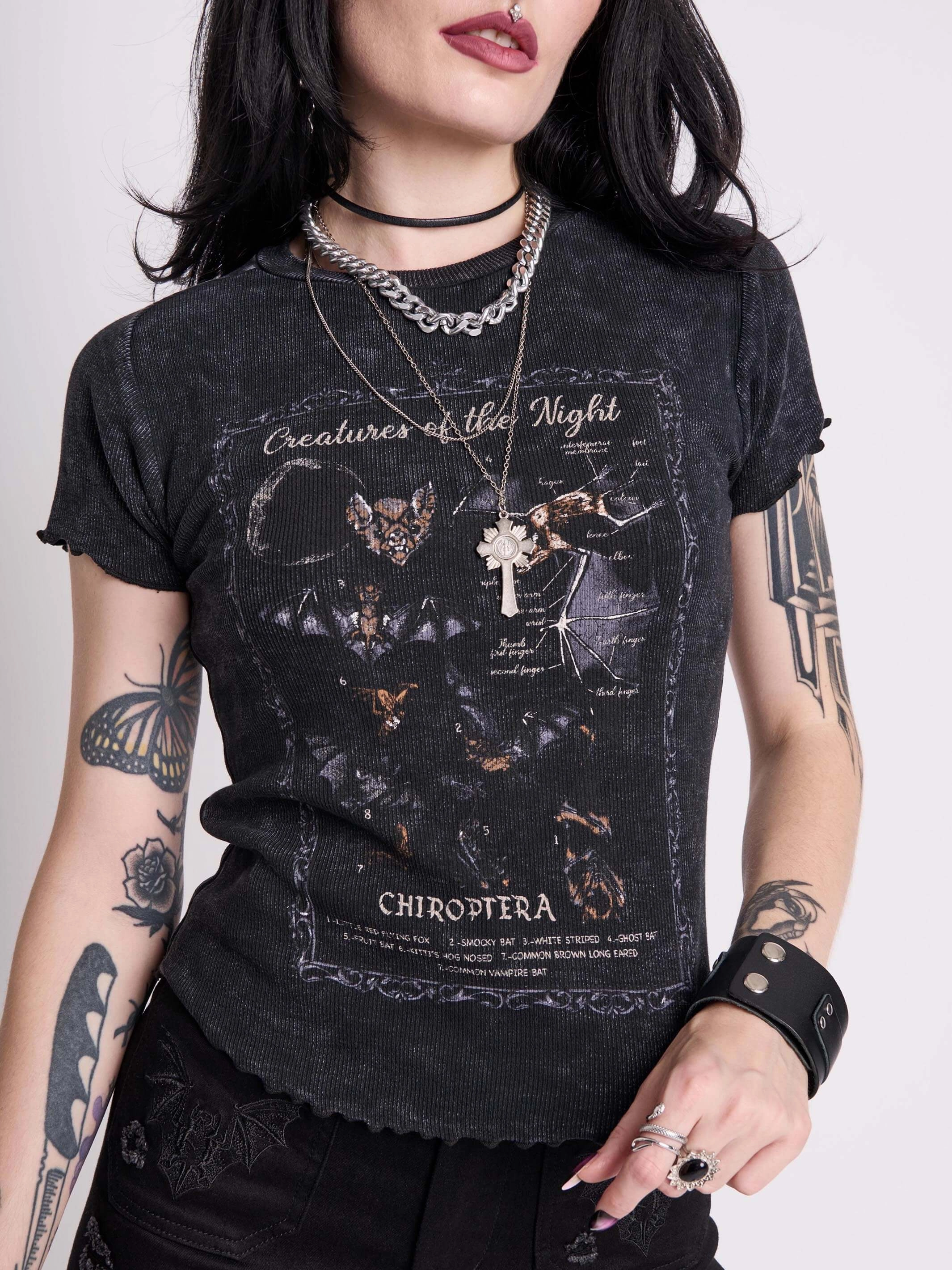 Bat's Anatomy Distressed Baby Tee Bold Design Quick Layer