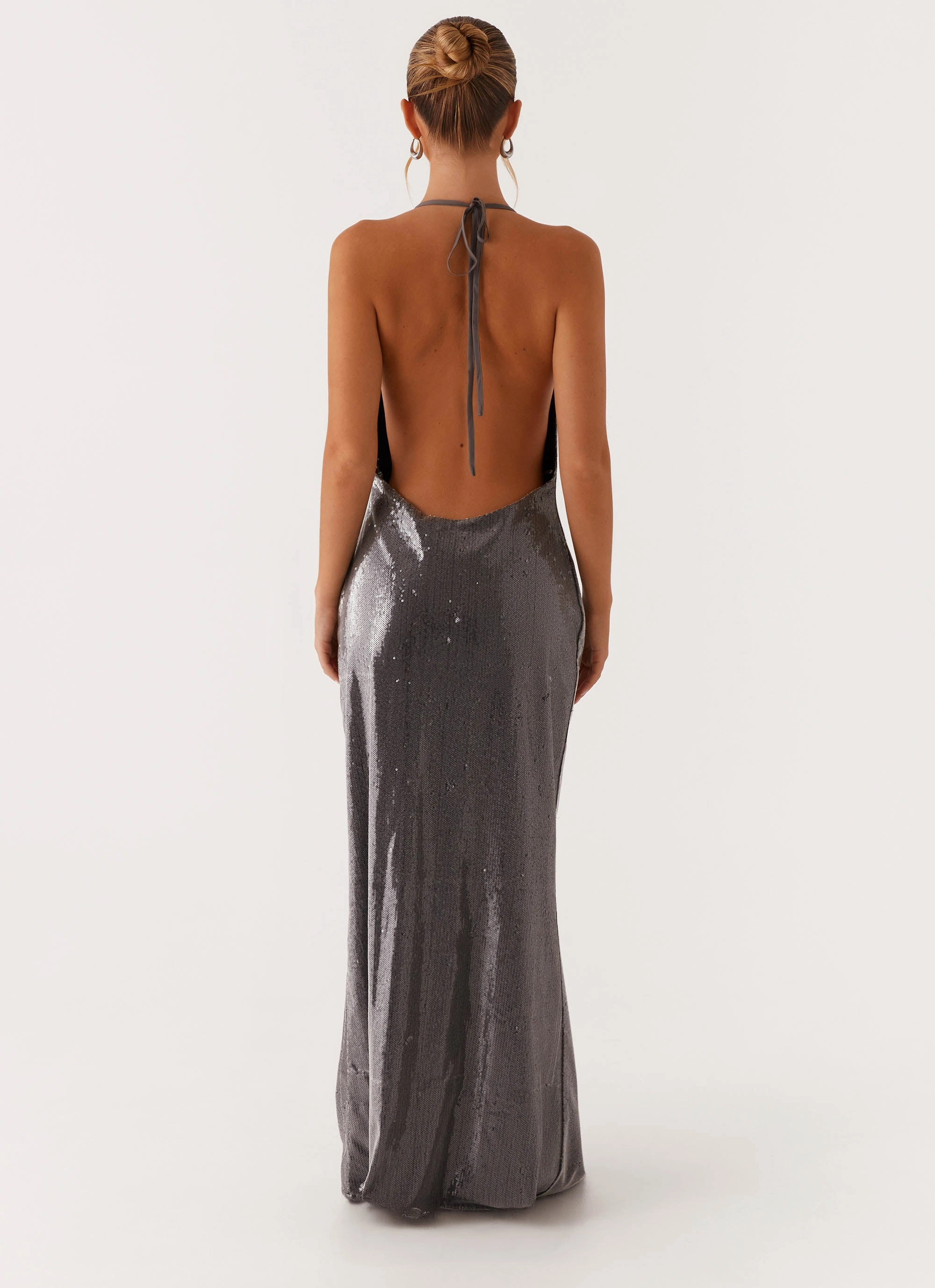 Minimal Mood Satin-Sleeve Sleek Love Sequin Maxi Dress - Silver Sequin