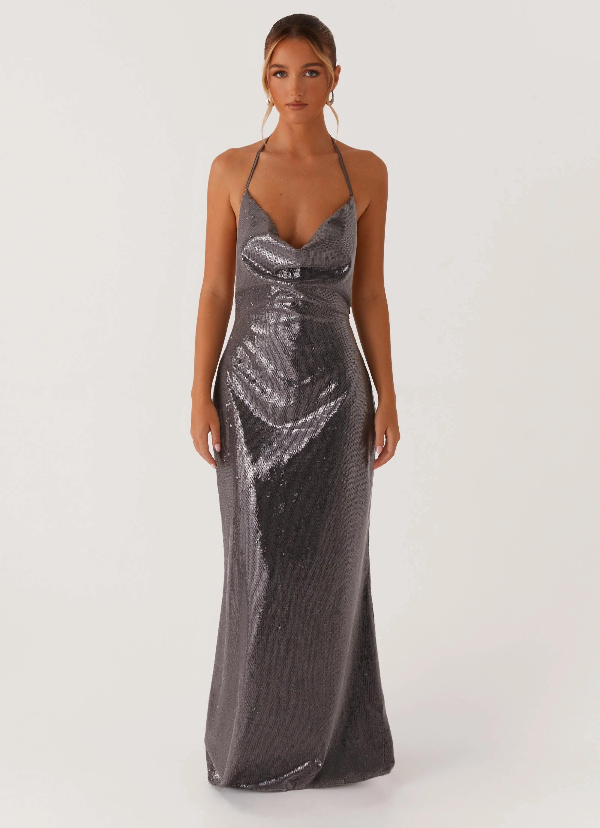 Fashionable And Functional Sleek Love Sequin Maxi Dress - Silver Sequin