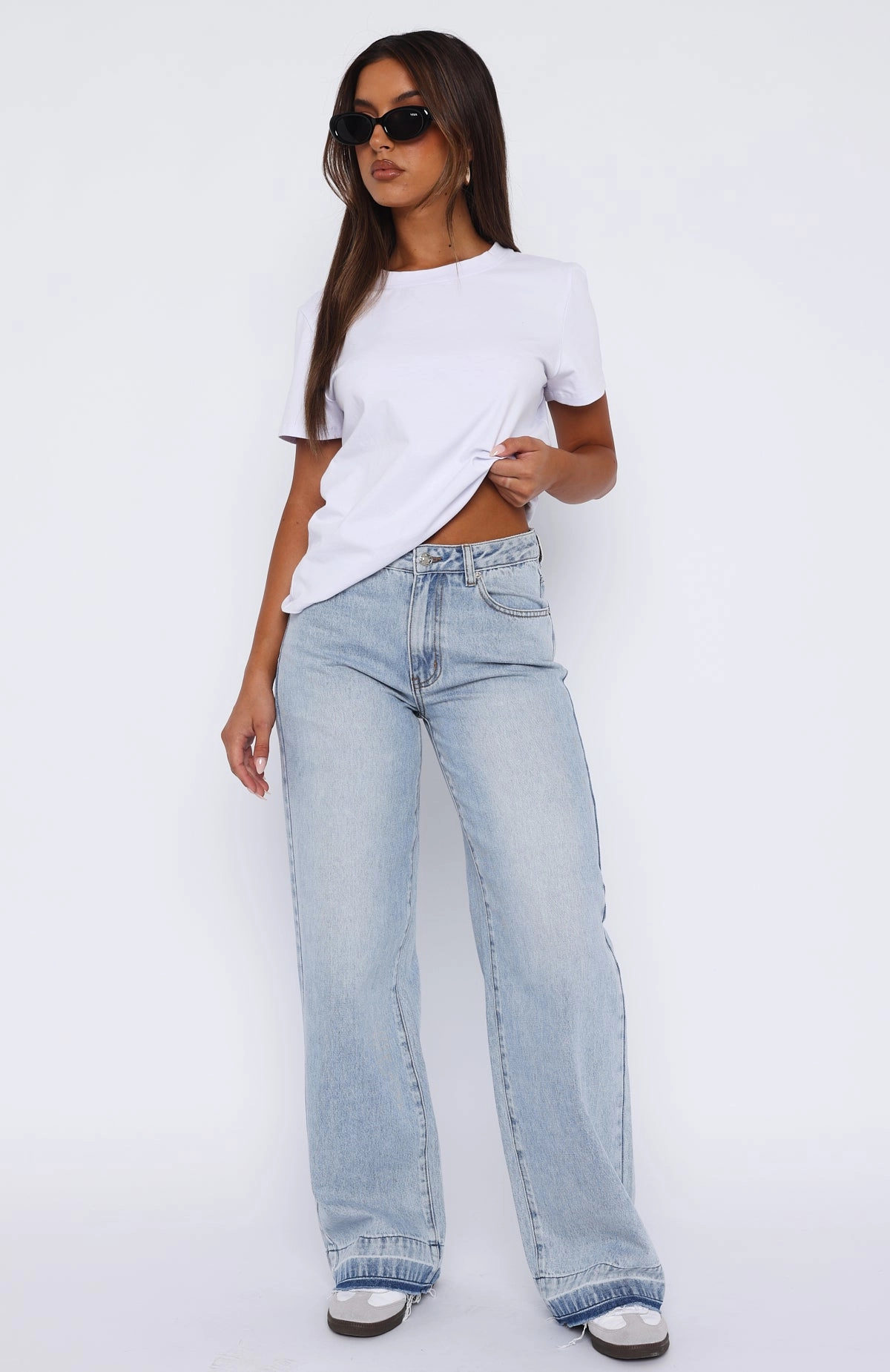 Stylish Sunny Vibes Adjustable Belt Loops I Don't Need You Mid Rise Wide Leg Jeans Light Blue Wash