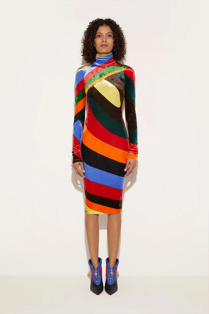 Iride-Print Velvet Dress Refined Feel Elegant Tailoring