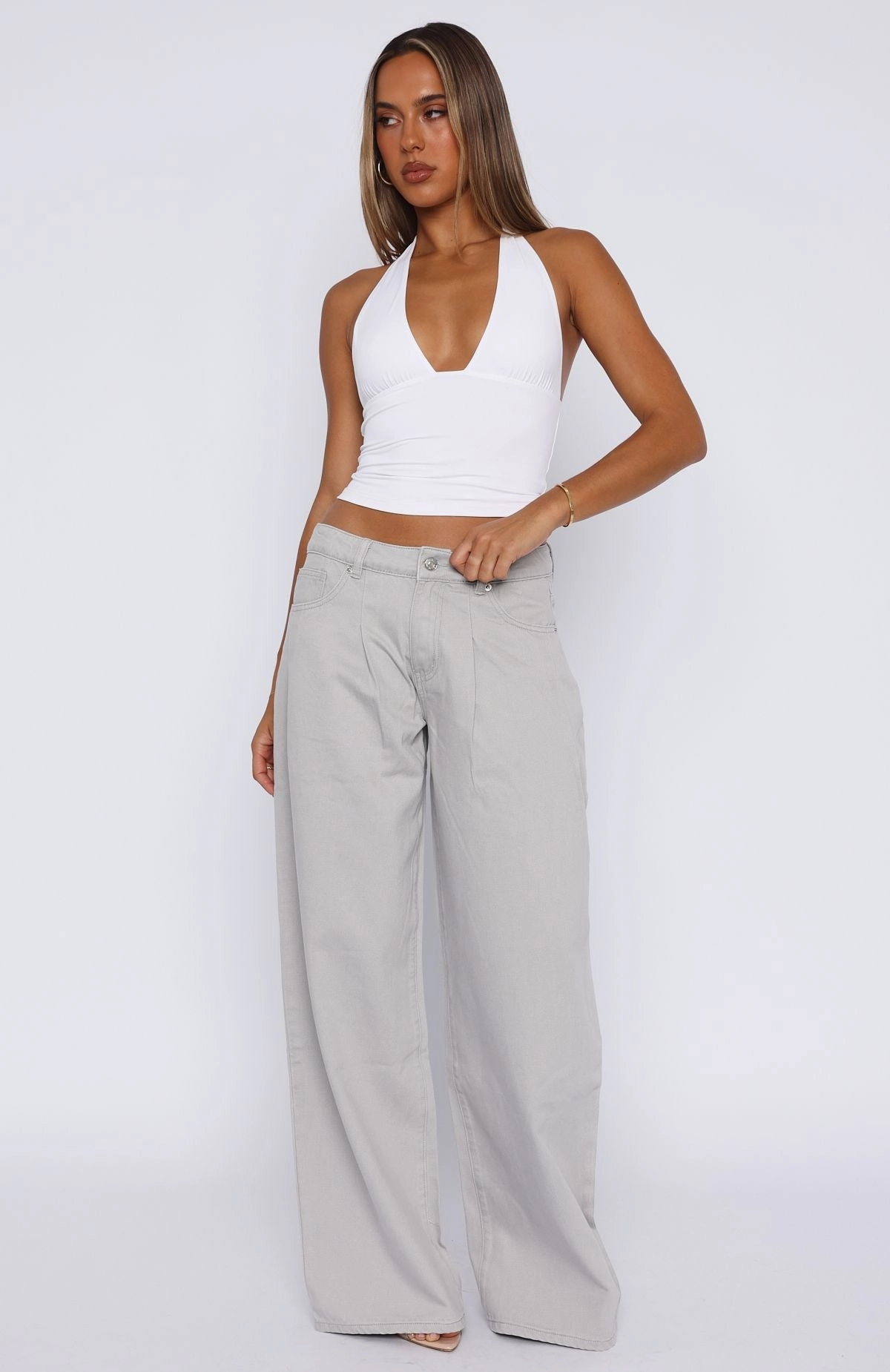 Comfy Waist Iris Low Rise Wide Leg Jeans Light Grey