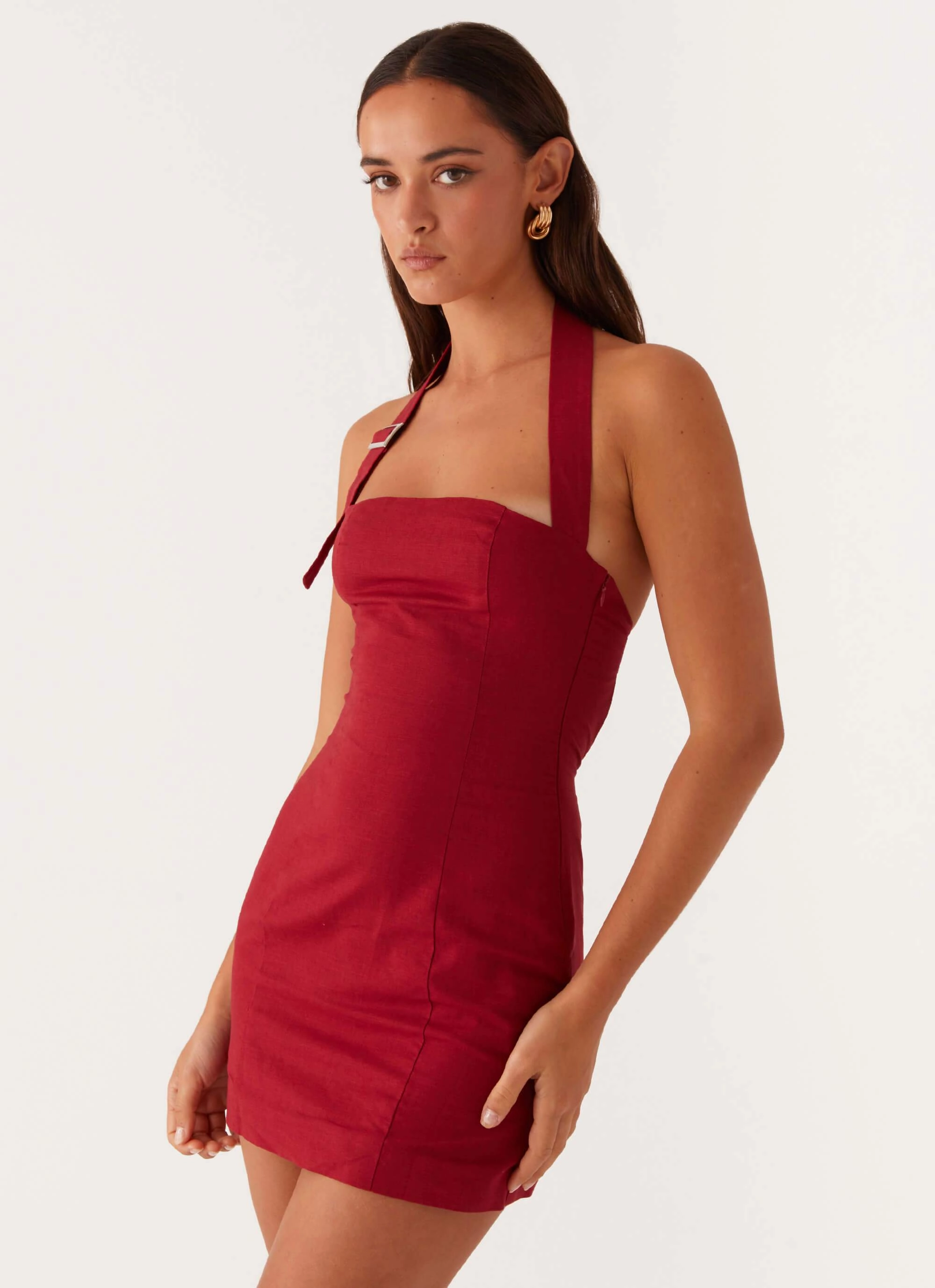 Julianna Linen Mini Dress - Maroon Dainty Finish Layer Safe