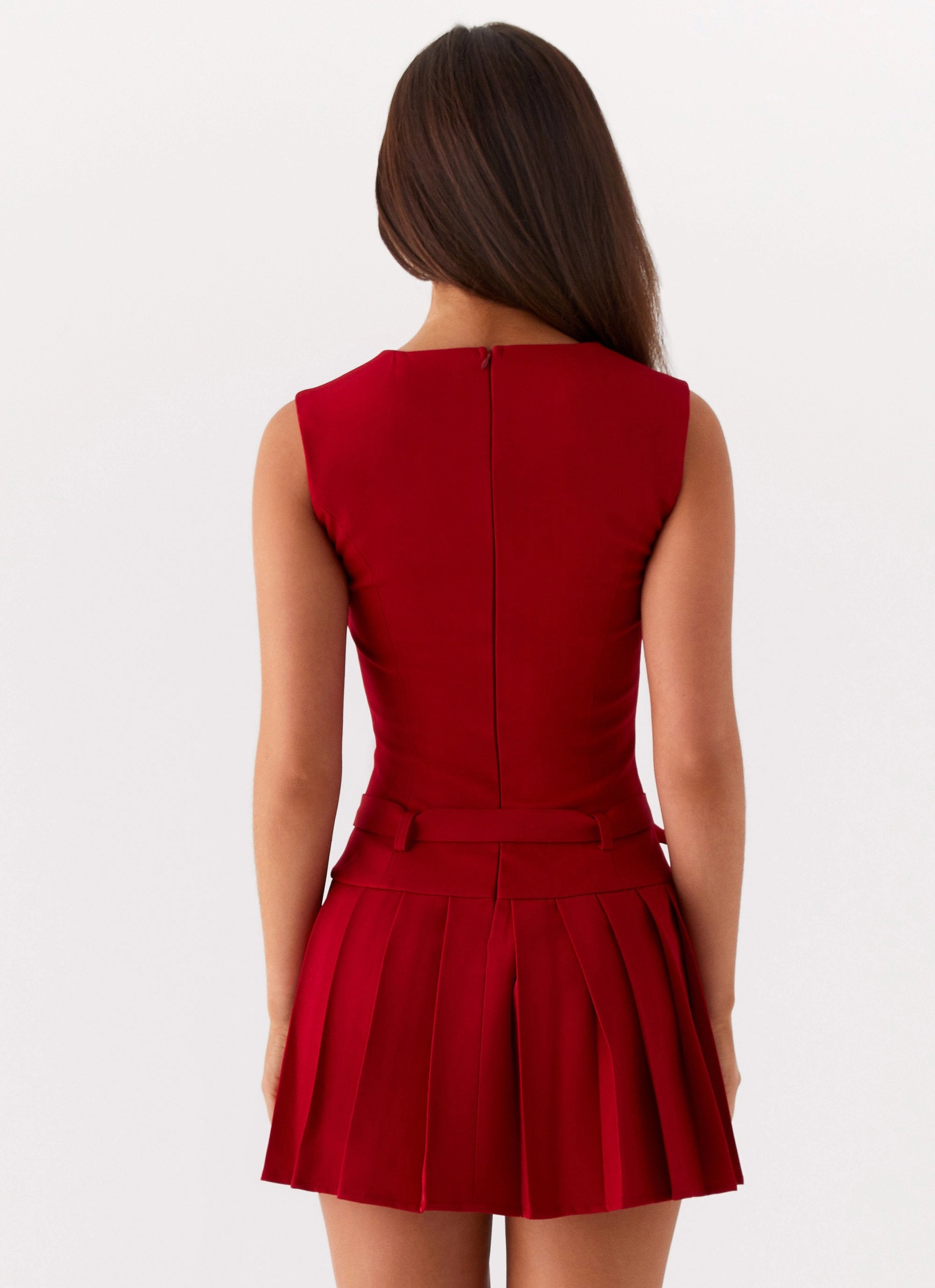 Side Pleats Relaxed Movement Justina Belted Mini Dress - Red