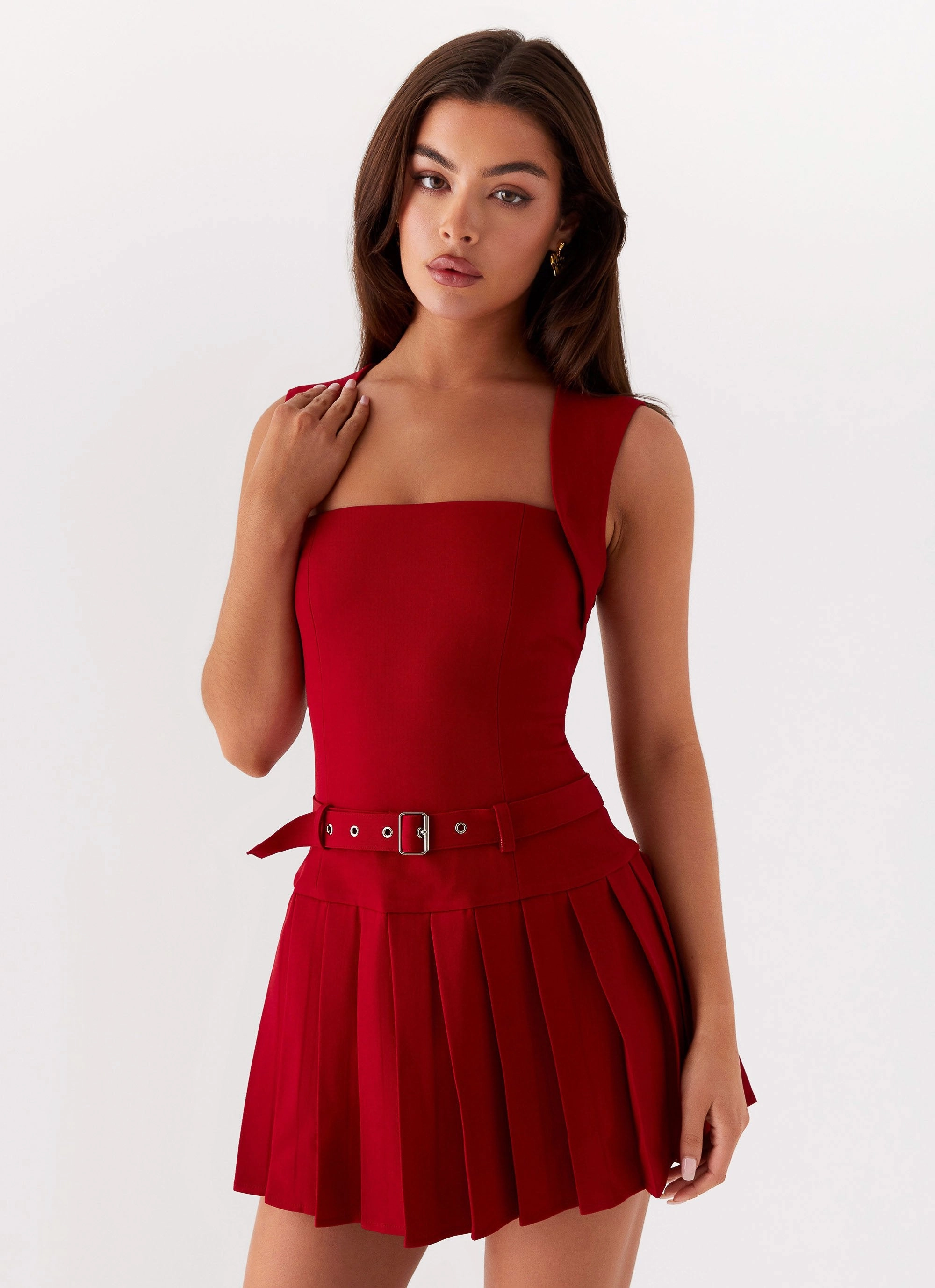 Justina Belted Mini Dress - Red Knit Warm Smooth Look