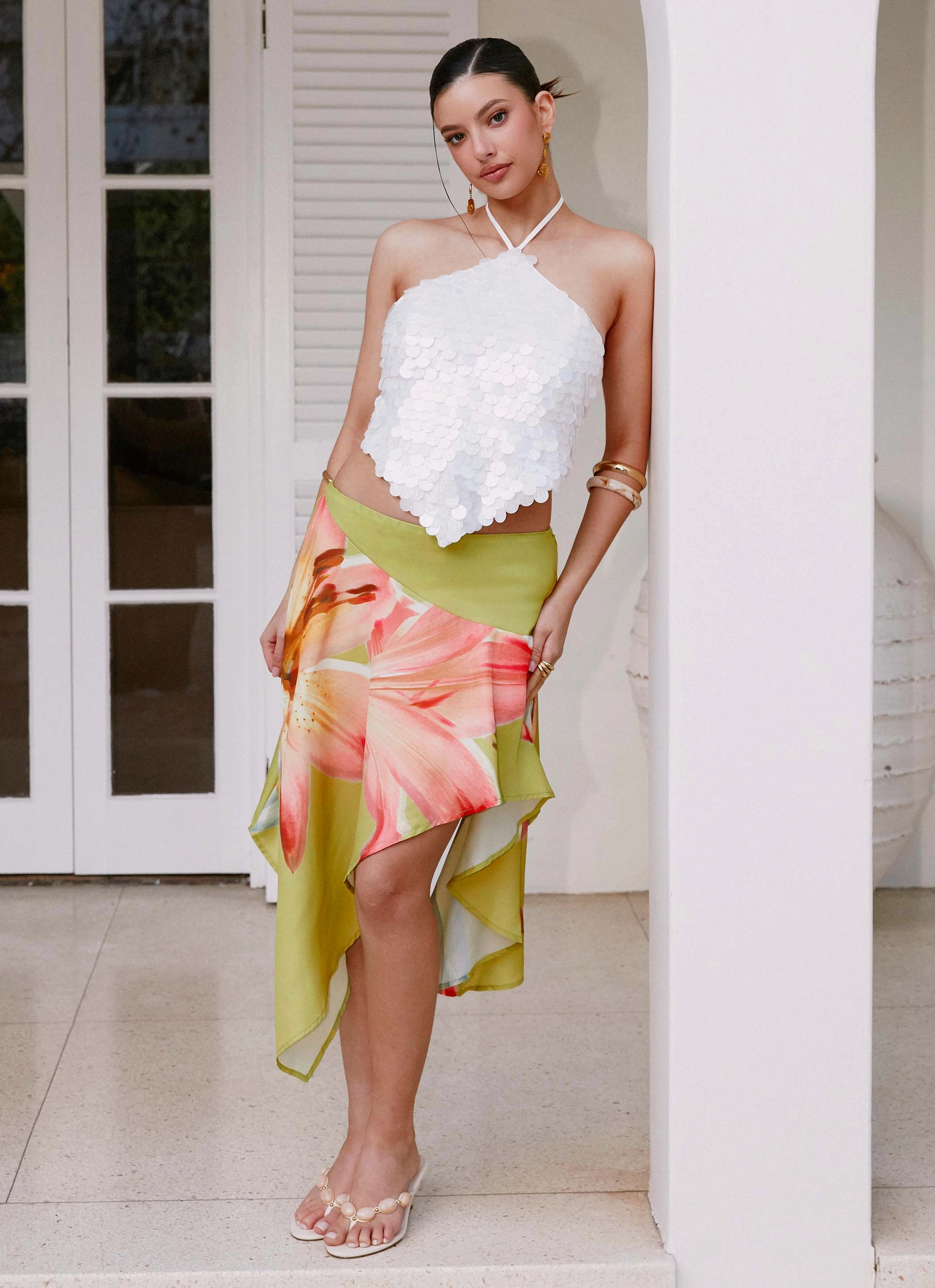 Kia Low Rise Asymmetrical Midi Skirt - Jungle Floral Photoshoot Ready