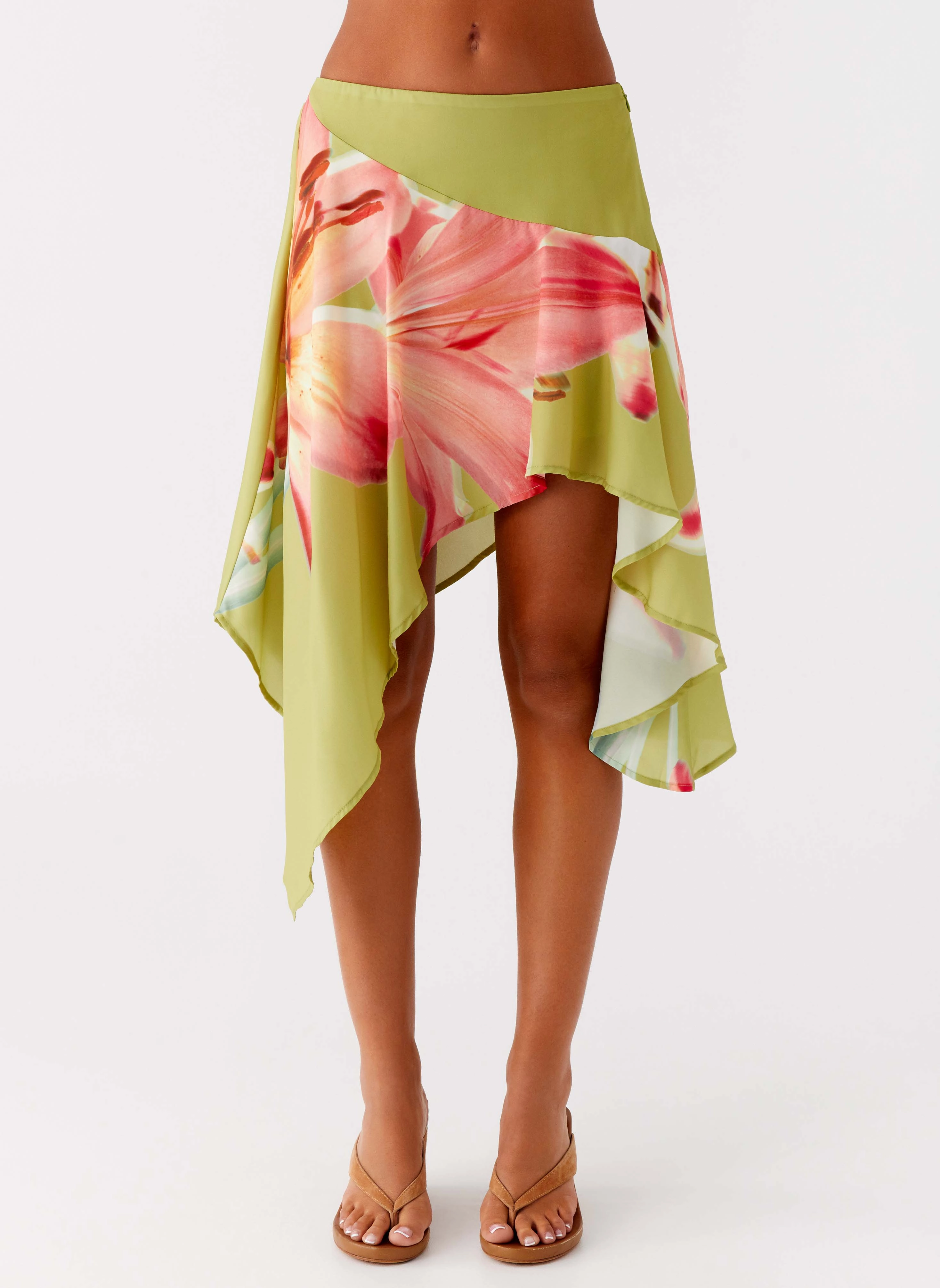 Kia Low Rise Asymmetrical Midi Skirt - Jungle Floral Sleek Flow hypoallergenic material