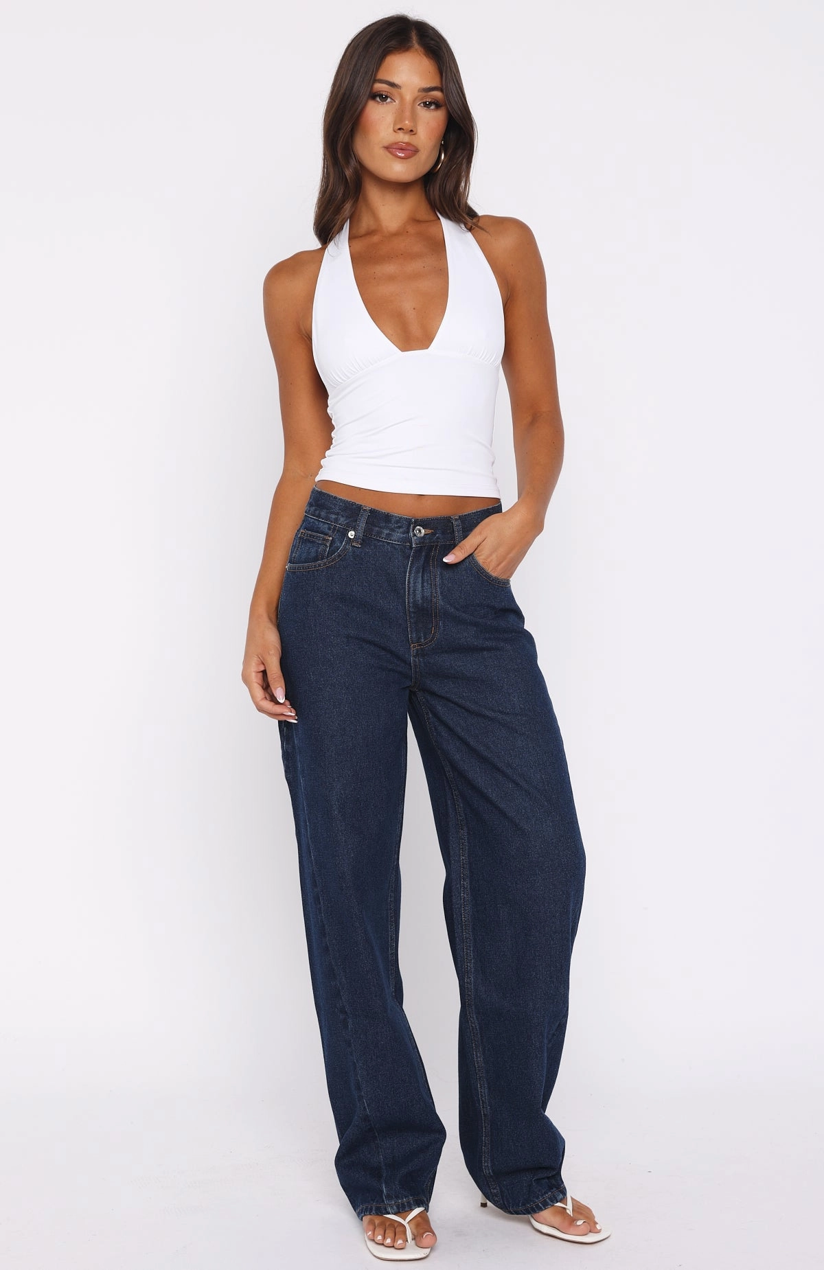 Kiara Mid Rise Barrel Leg Jeans Dark Blue Wide Leg Silhouette Basic Fashion