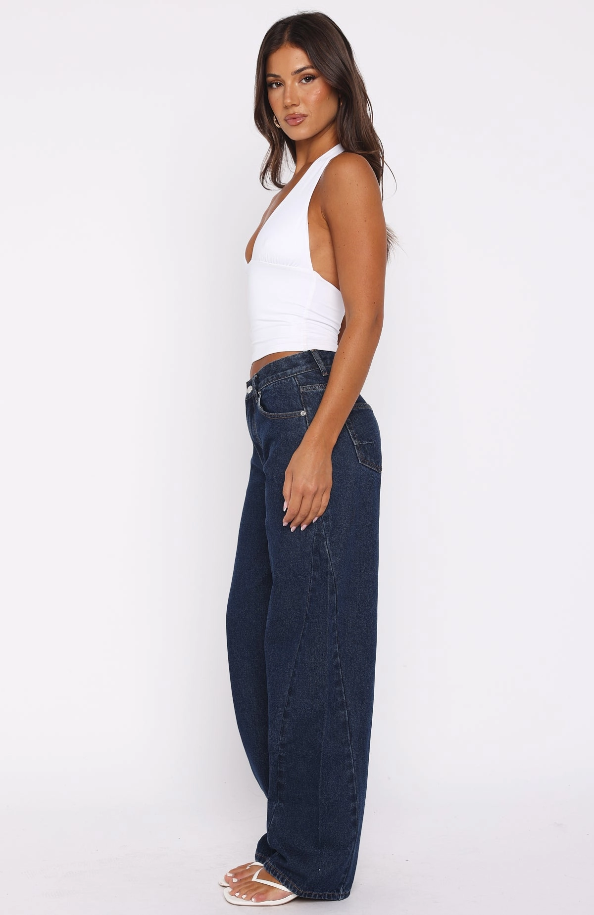 Smooth Texture Kiara Mid Rise Barrel Leg Jeans Dark Blue
