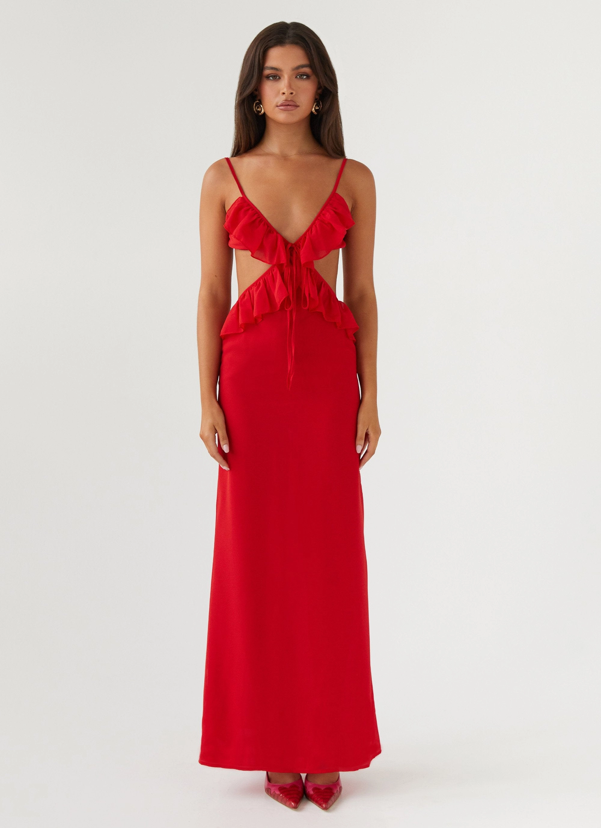 Bridal-Shower Flattering Waist Design Klara Cut Out Maxi Dress - Red