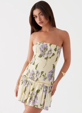 FlexibleClosure Break From Toronto Linen Mini Dress - Yellow Purple Floral