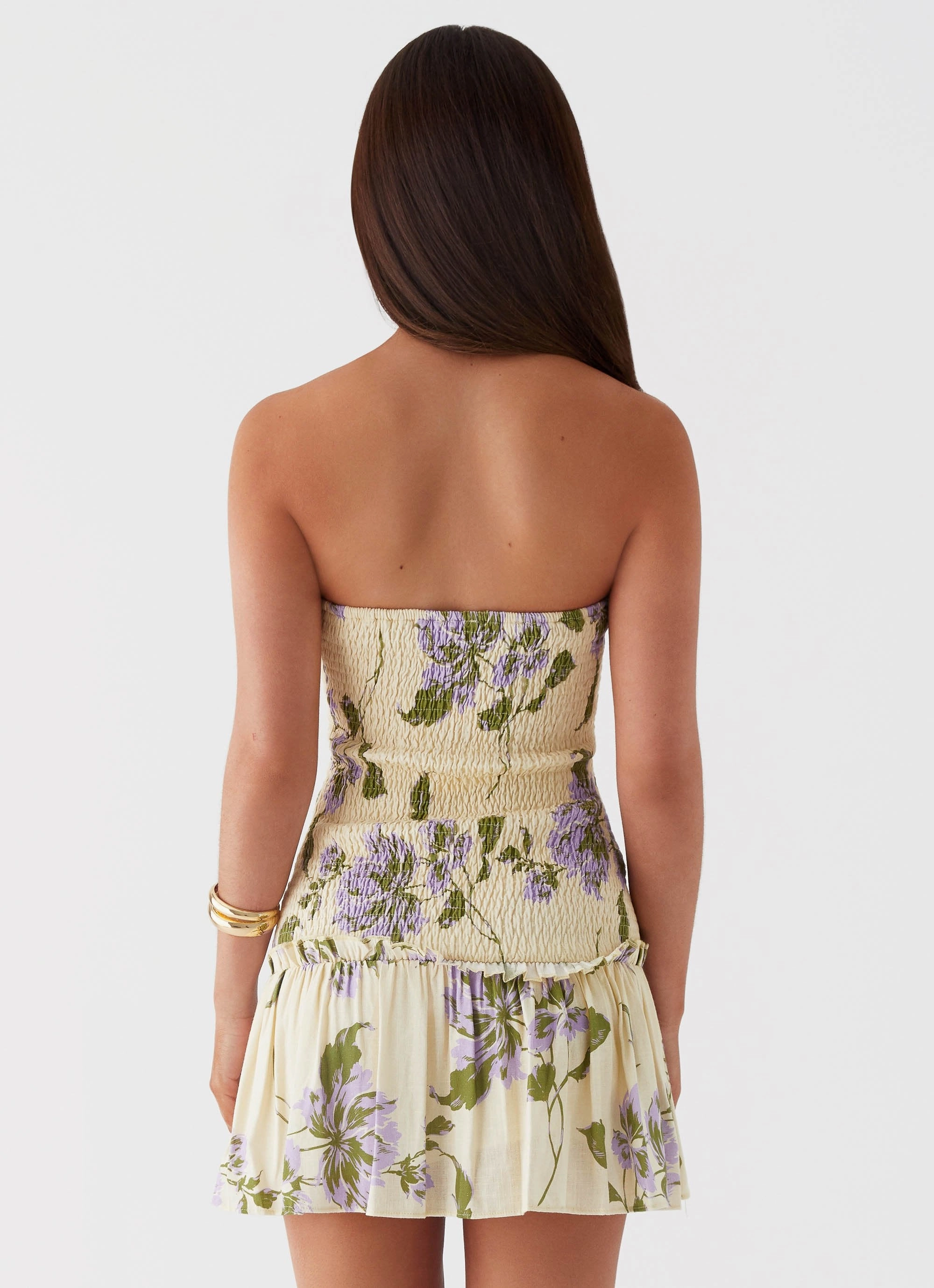 Break From Toronto Linen Mini Dress - Yellow Purple Floral Sophisticated Waist