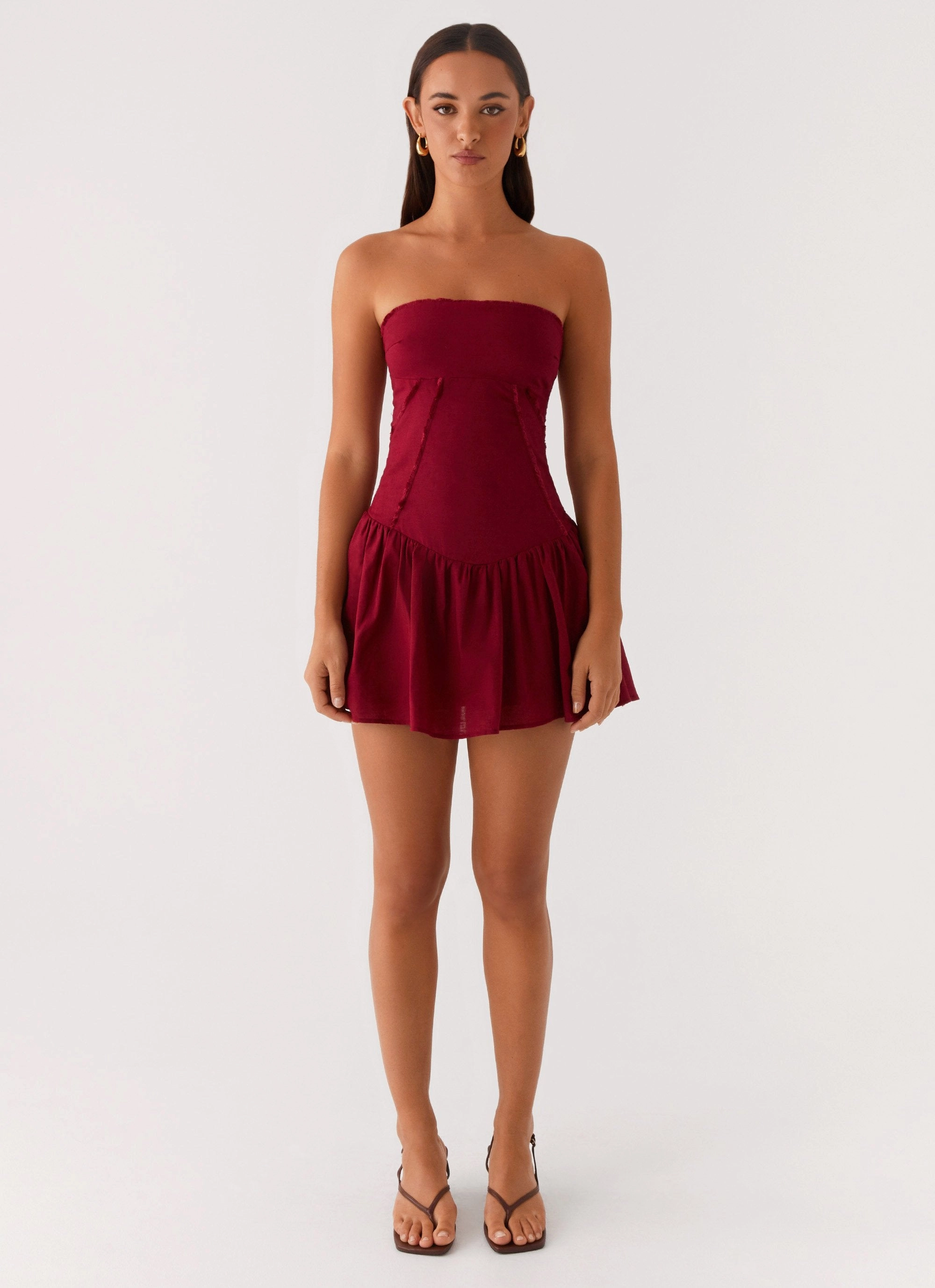 Larnie Linen Mini Dress - Deep Red Textured Look