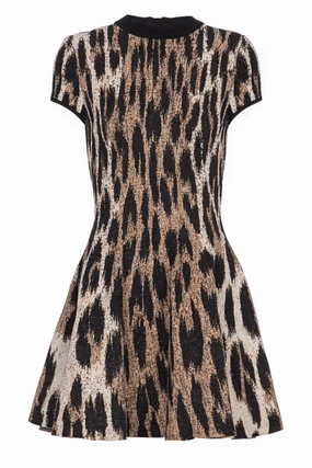 Leopard Print Jacquard Knit Dress Flexible Comfort