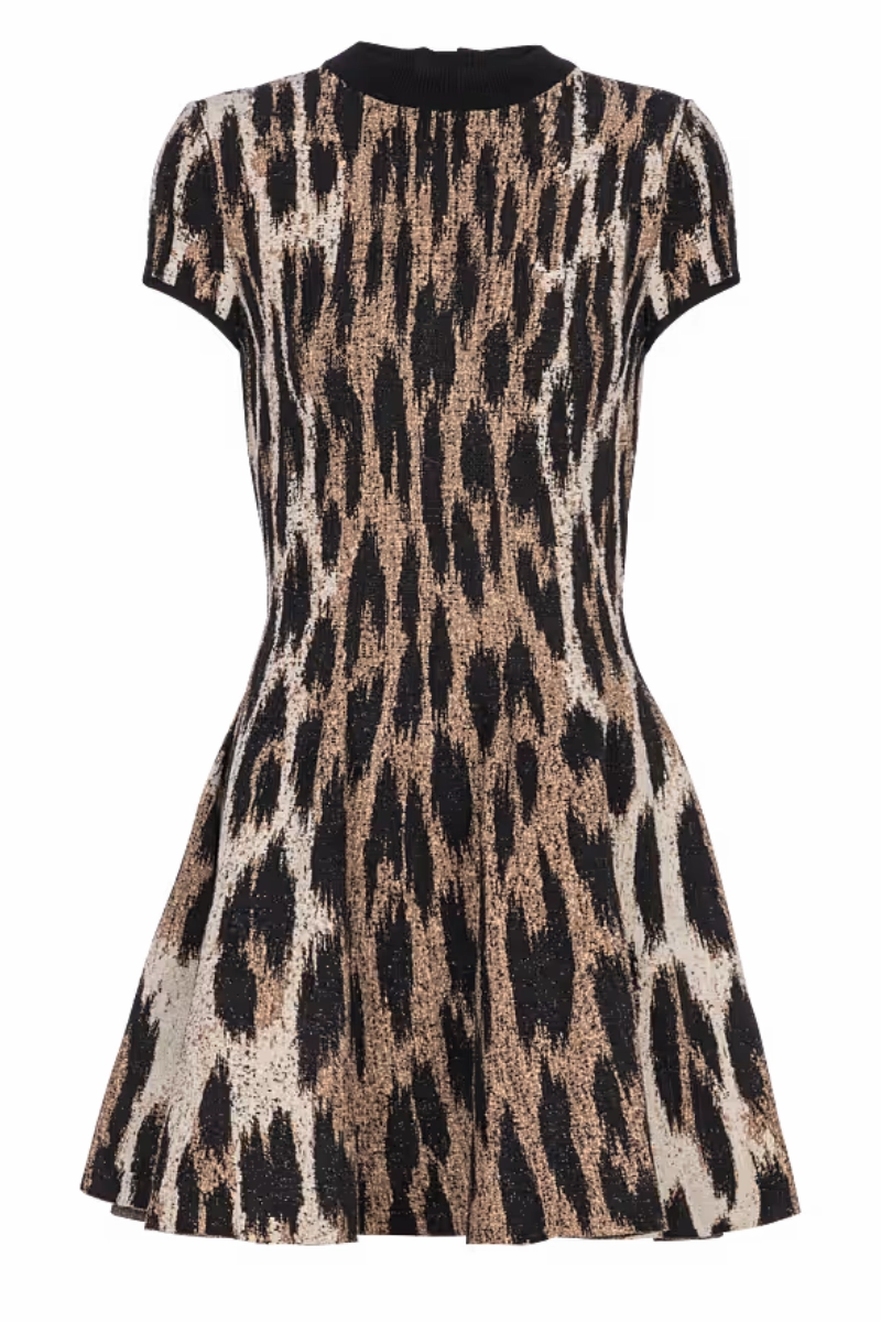 Leopard Print Jacquard Knit Dress Flexible Comfort