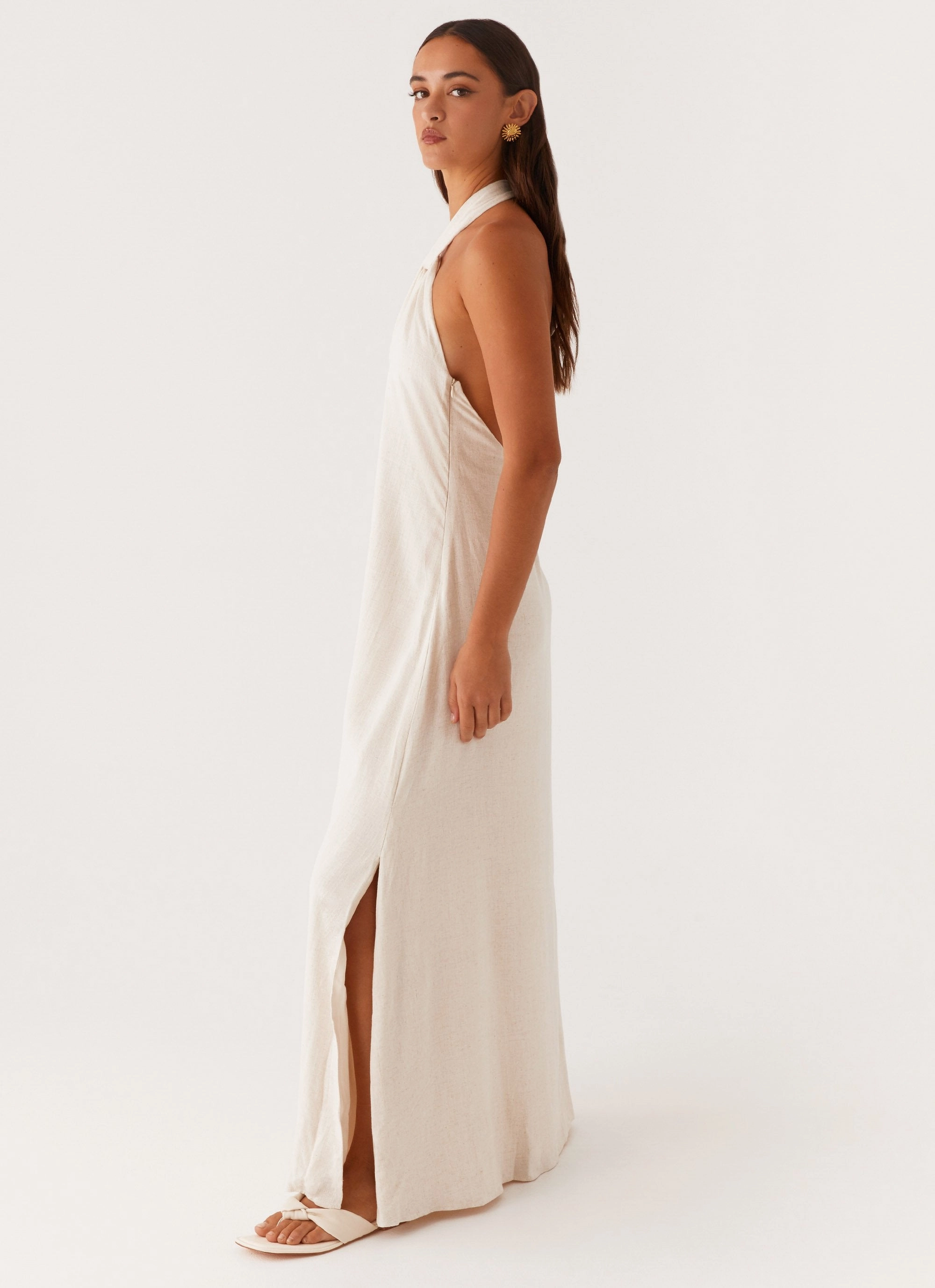 Golden Child Linen Maxi Dress - Oatmeal Dew Tone Layer Safe