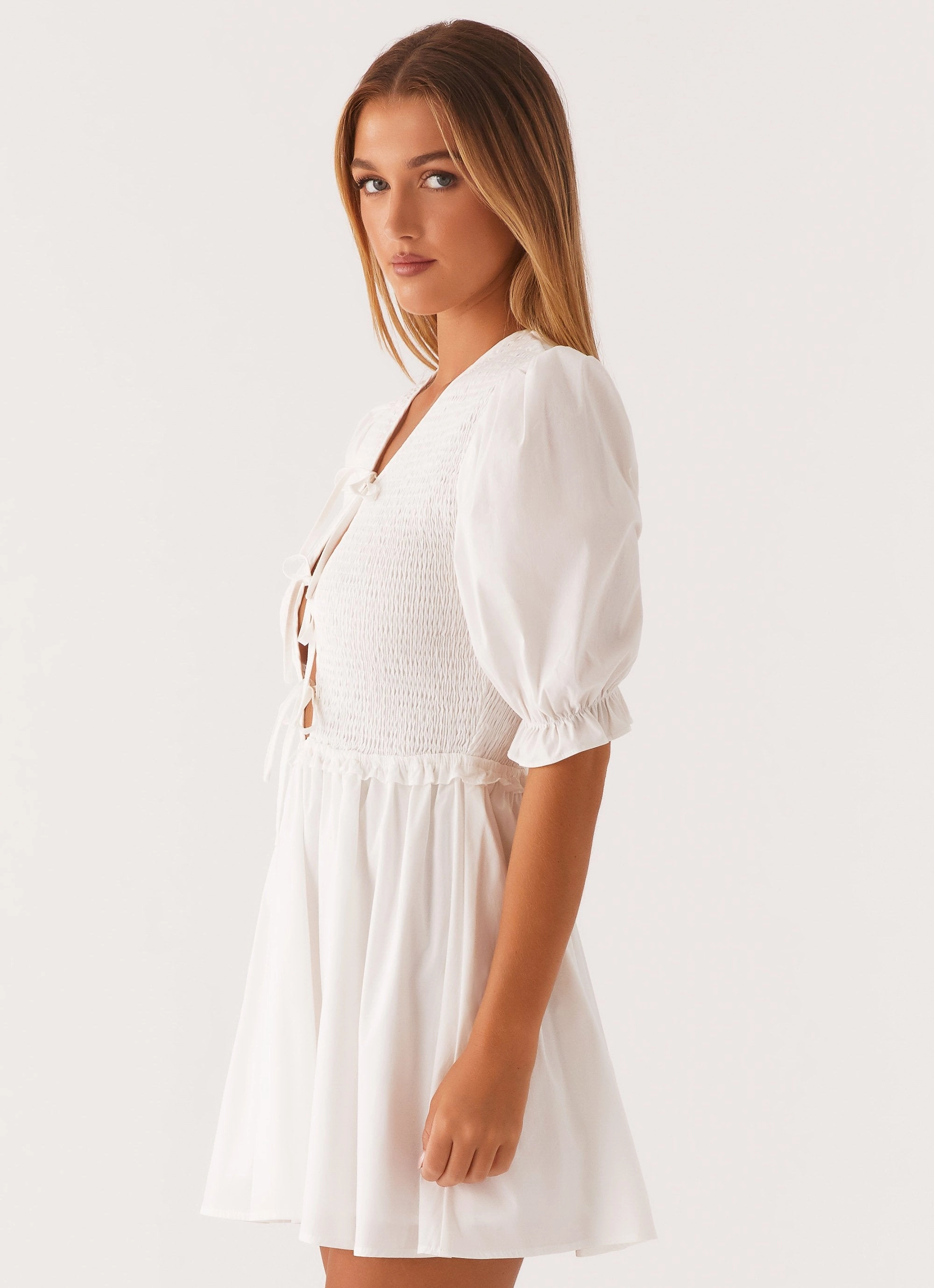 Milana Shirred Puff Sleeve Mini Dress - White Fashionable Fit Cool Simplicity
