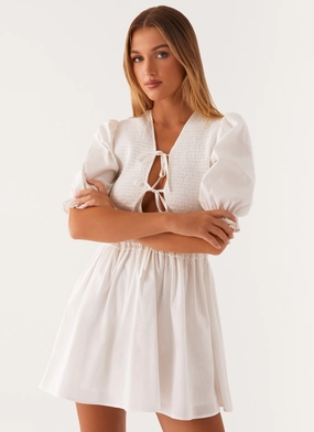 Milana Shirred Puff Sleeve Mini Dress - White Polished Details Vibrant color