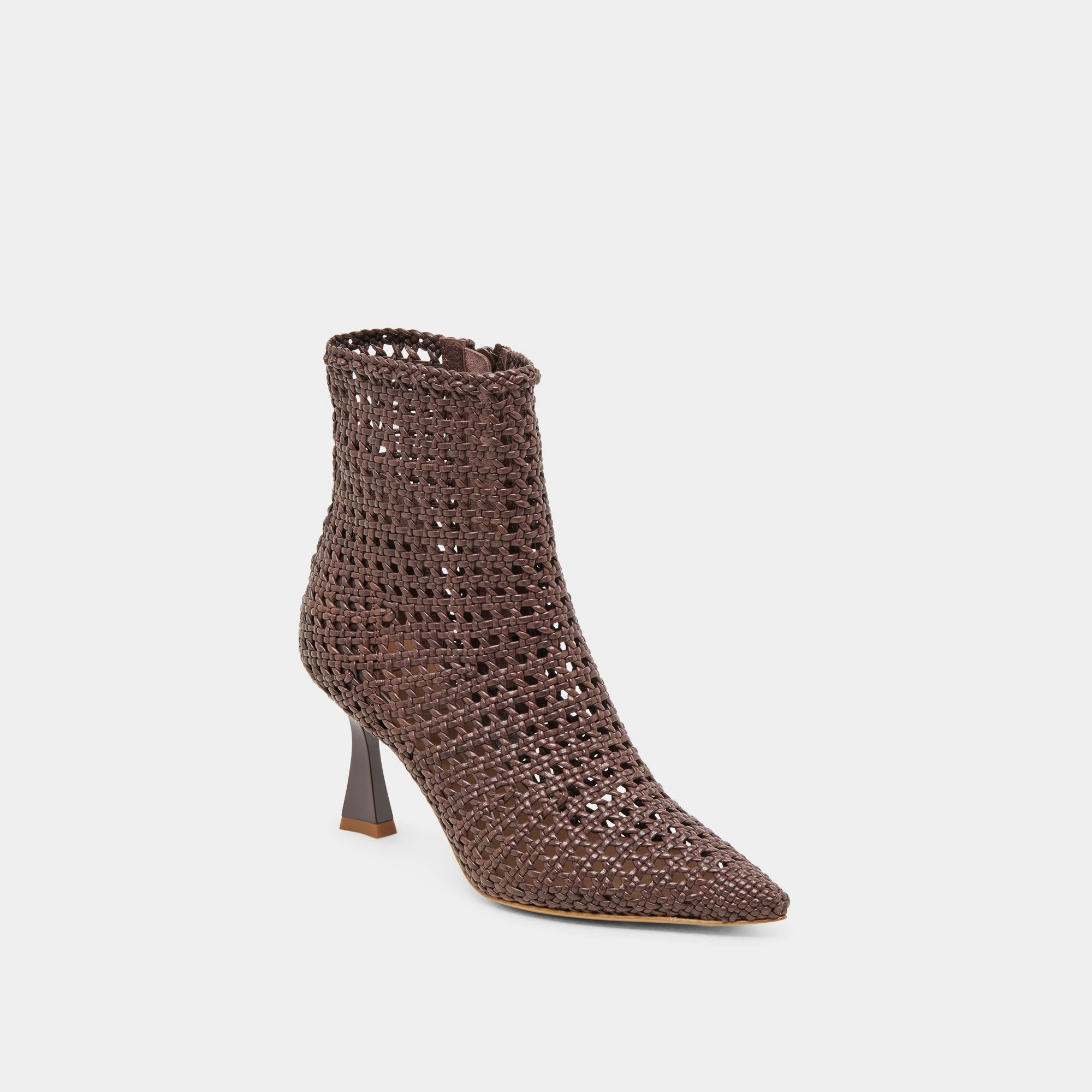 LONNI BOOTIES DK BROWN WOVEN LEATHER Patent Glow Deep Black