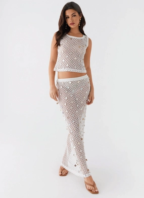 Lovina Shell Knit Maxi Skirt - White Scalloped Edge Side Pockets