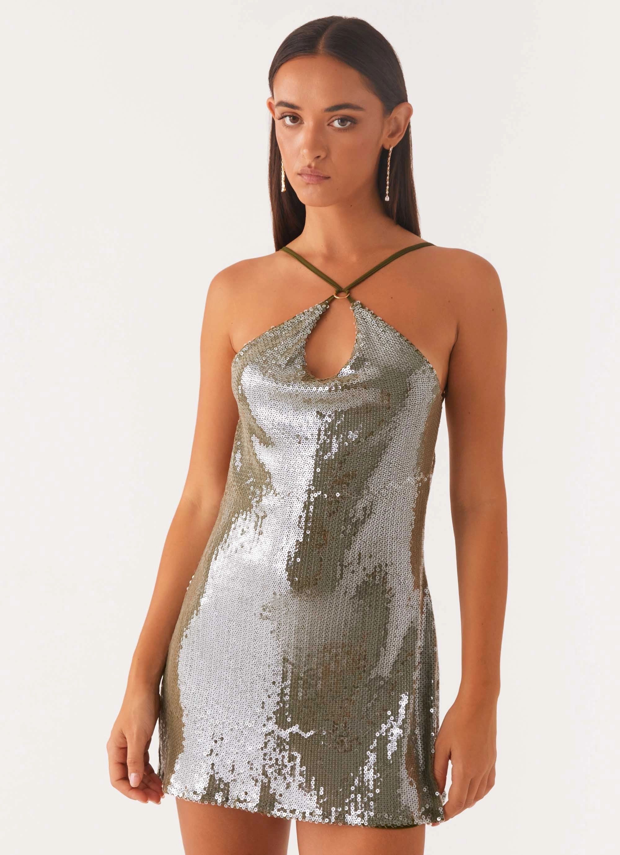 Neutral Aesthetic Radiant Energy Cowl Back Mini Dress - Olive