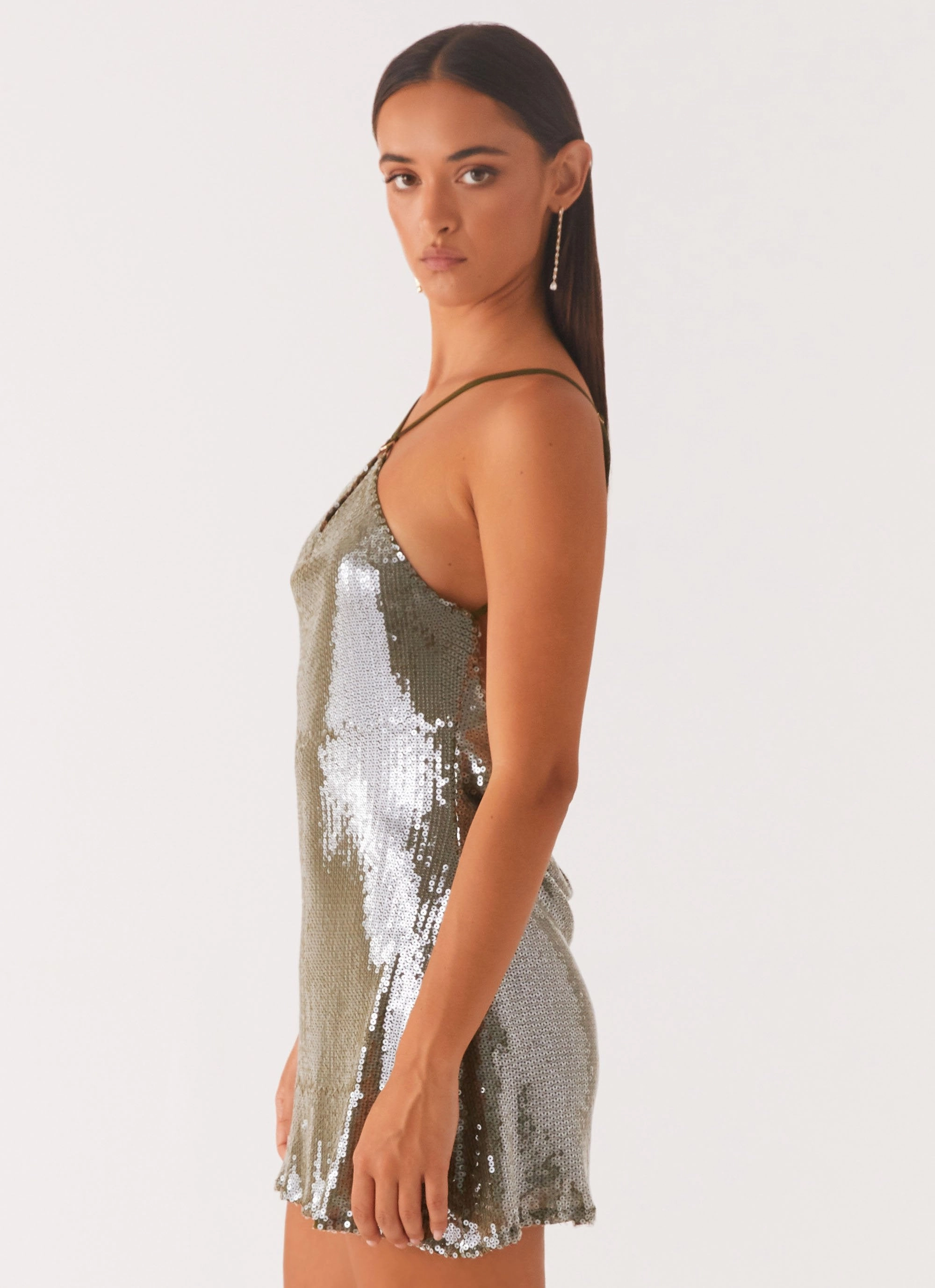 Radiant Energy Cowl Back Mini Dress - Olive Subtle Finish City Friendly