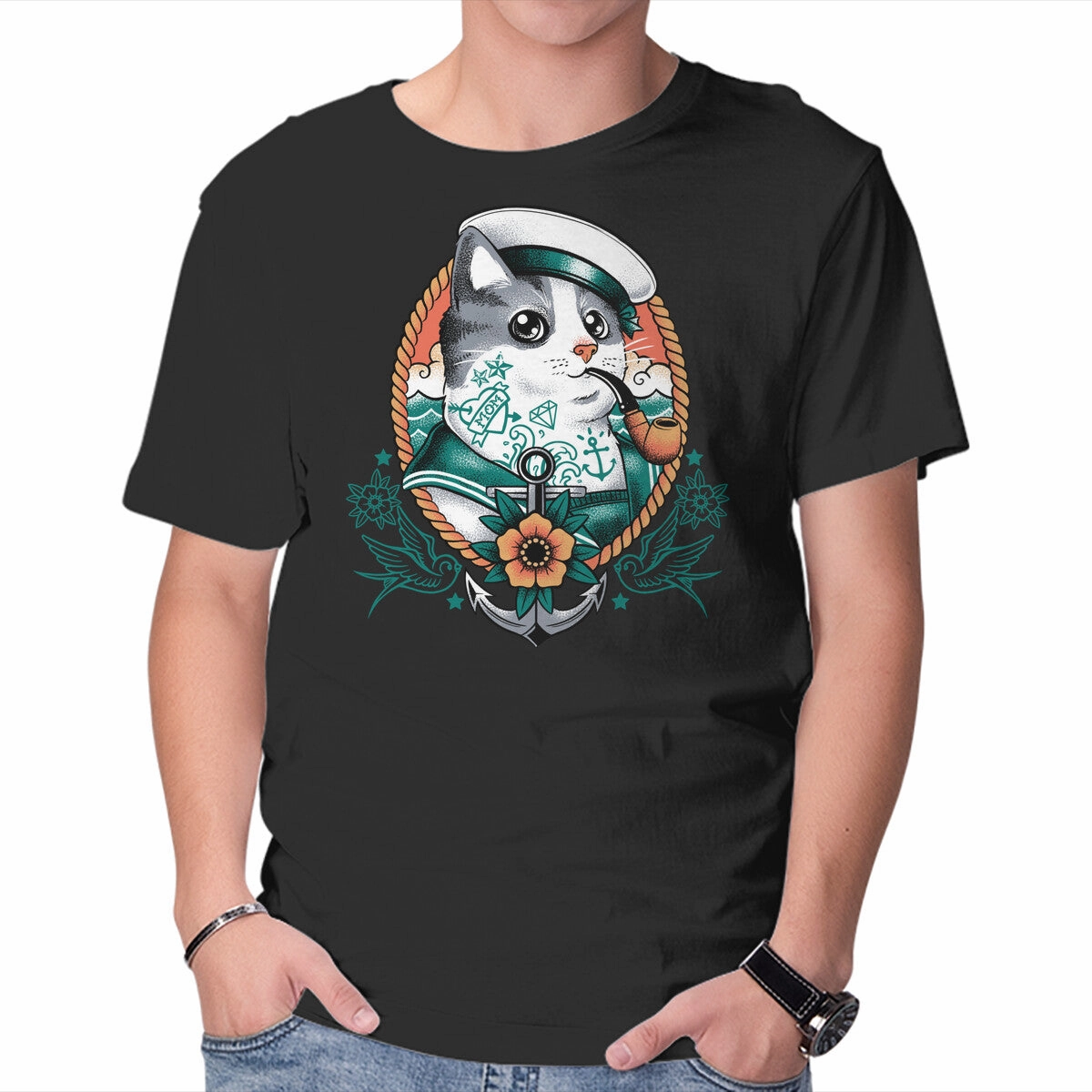 Seam Free Back Slim Fit Comfort Sailor Cat Tattoo