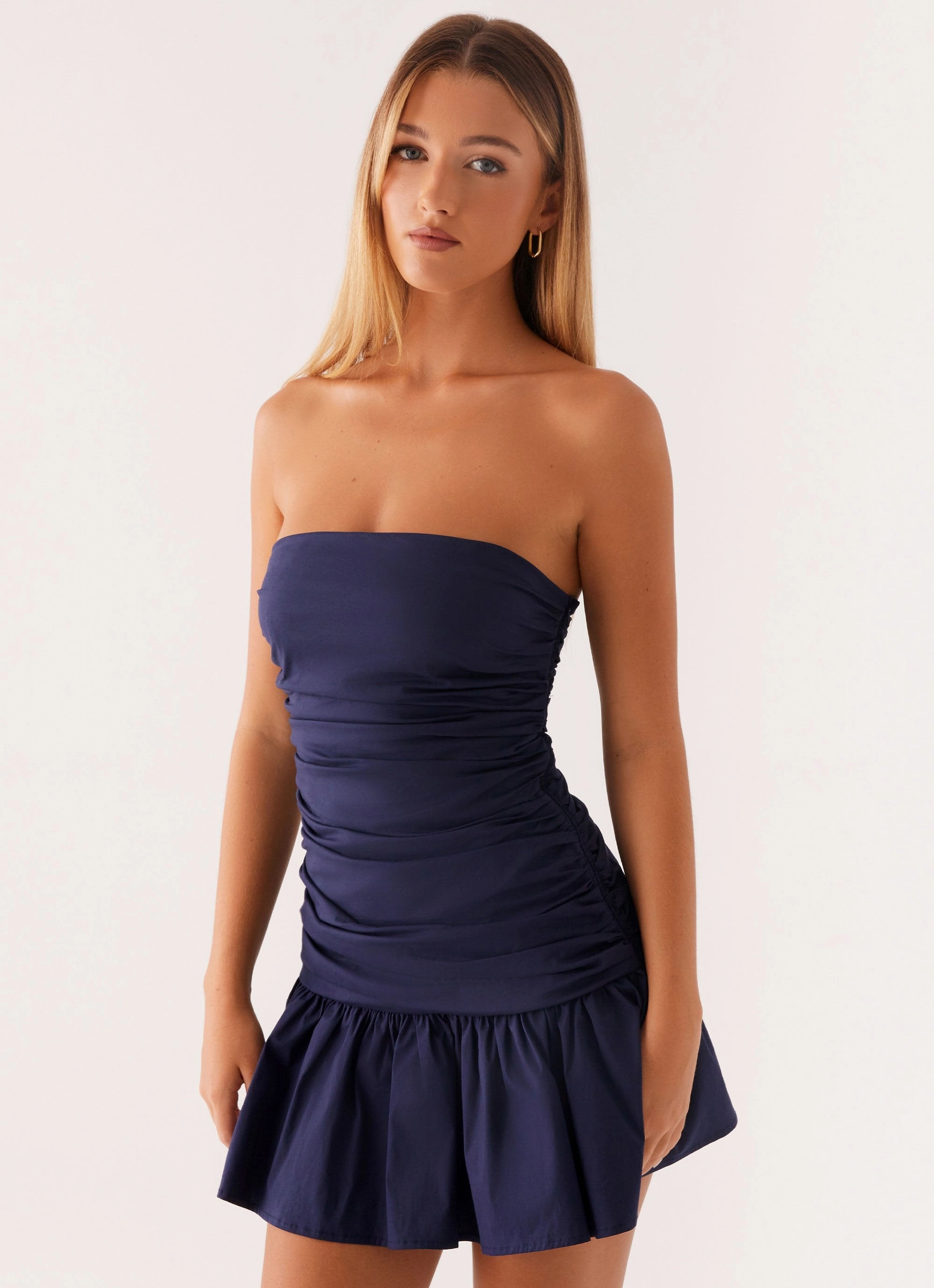Sleek Touch Romantic Soft Carmel Mini Dress - Navy