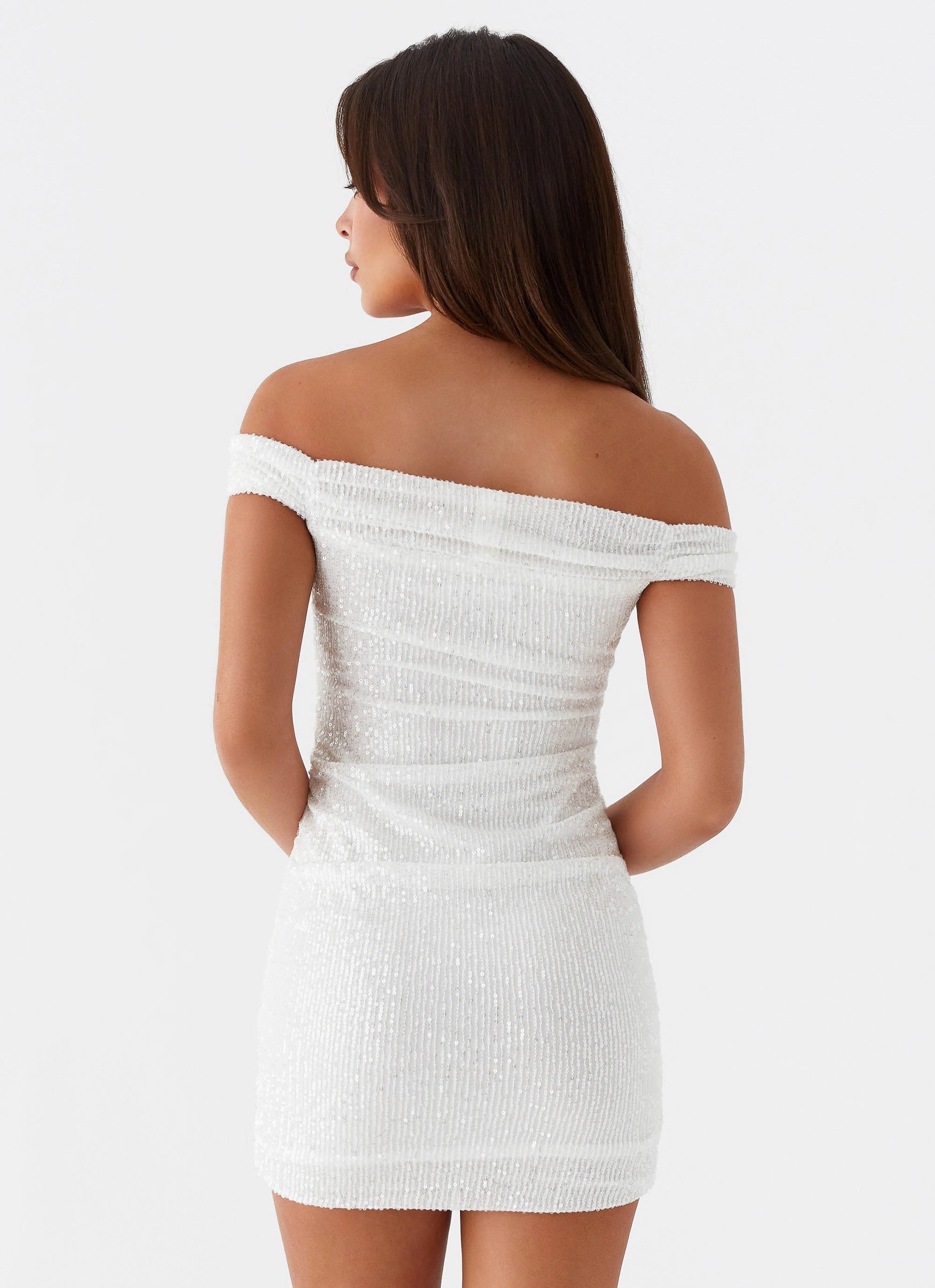 Luana Sequin Mini Dress - White Shiny Zip Form Fitting