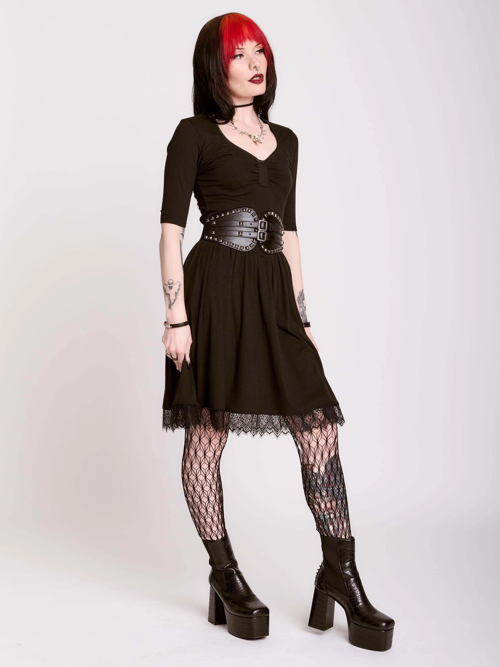 Rib Sweetheart Dress Balloon-Sleeve Calm Grace