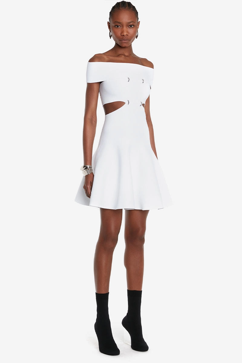 Smooth Mood Neutral Tones Off-The-Shoulder Slashed Mini Dress