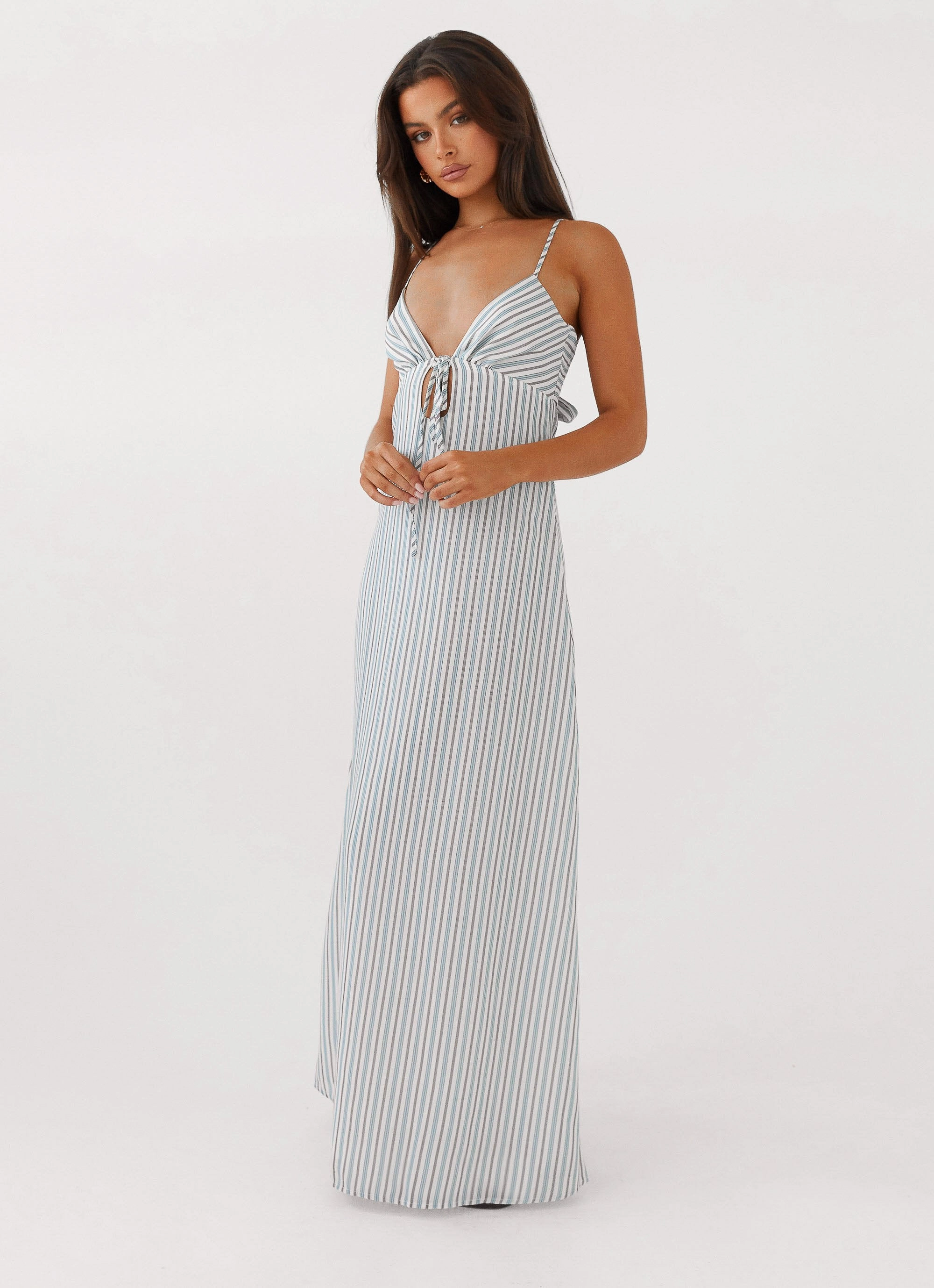 Flora Linen Maxi Dress - Blue Choc Stripe Stain-Resistant