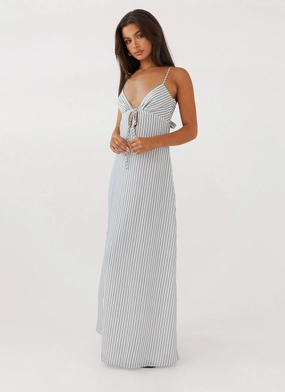 Flora Linen Maxi Dress - Blue Choc Stripe Stain-Resistant