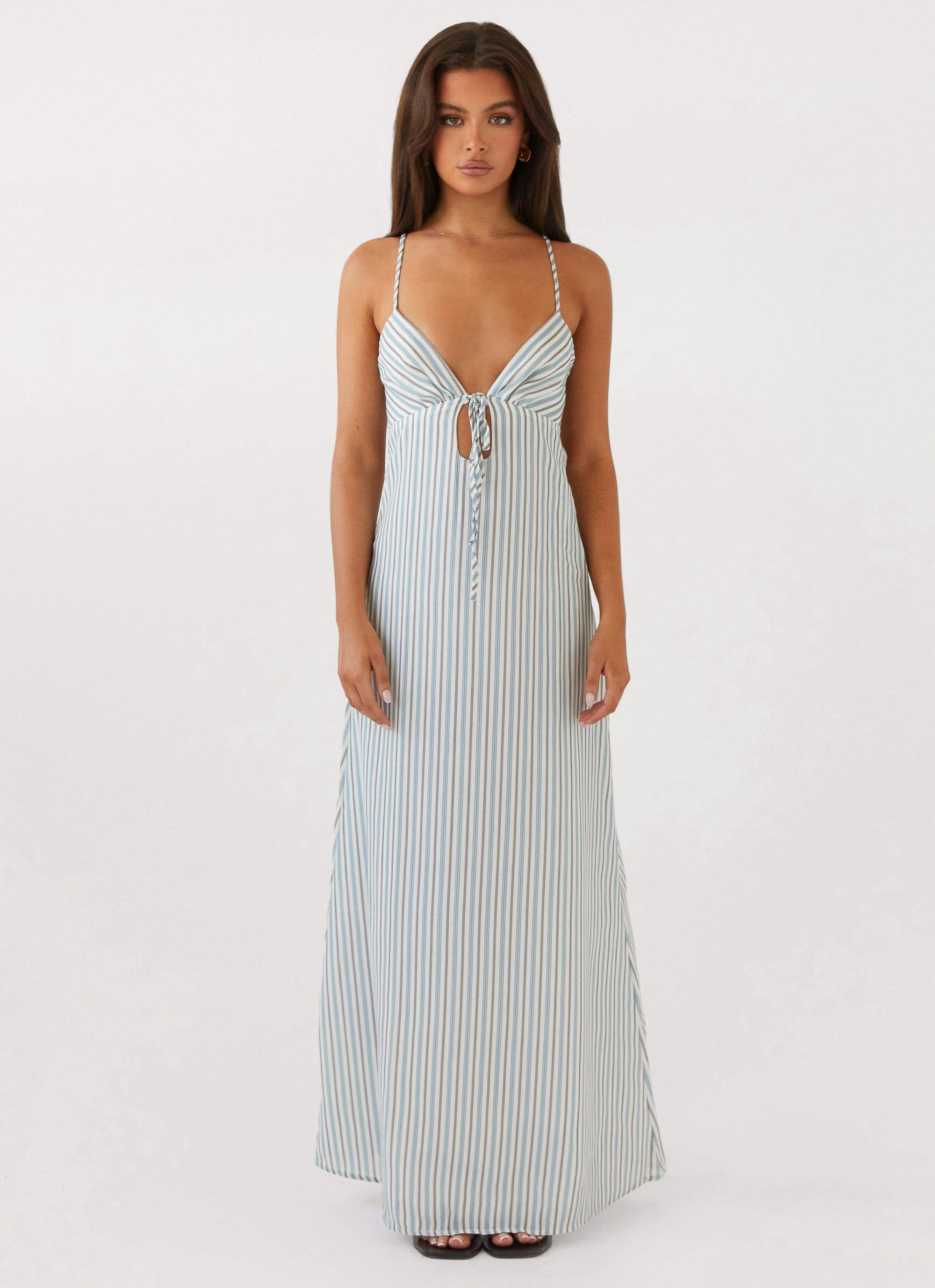 Flora Linen Maxi Dress - Blue Choc Stripe Polished and Elegant Casual Tones